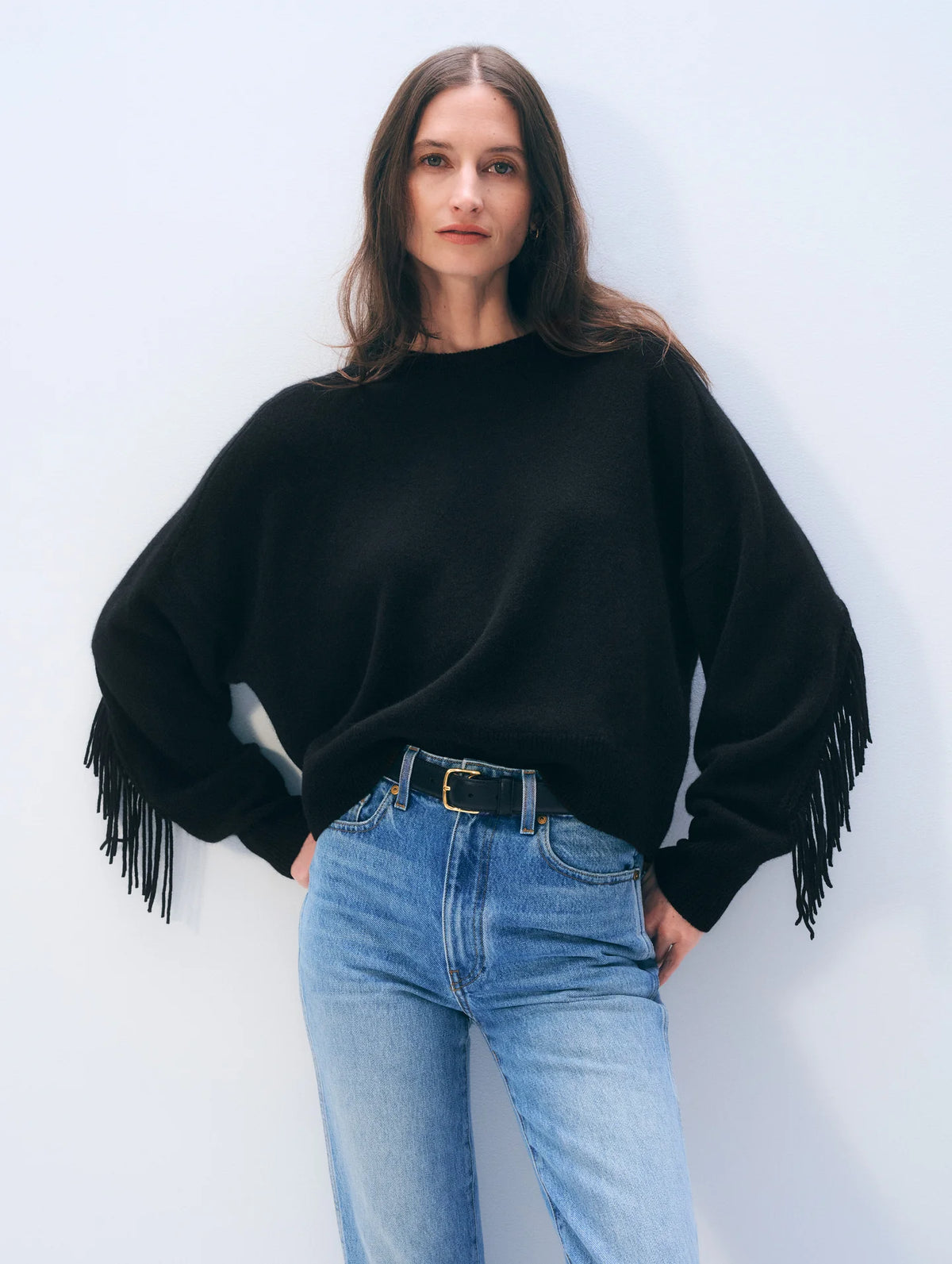 WHITE + WARREN Cashmere Blend Luxe Fringe Crew Sweater - Black