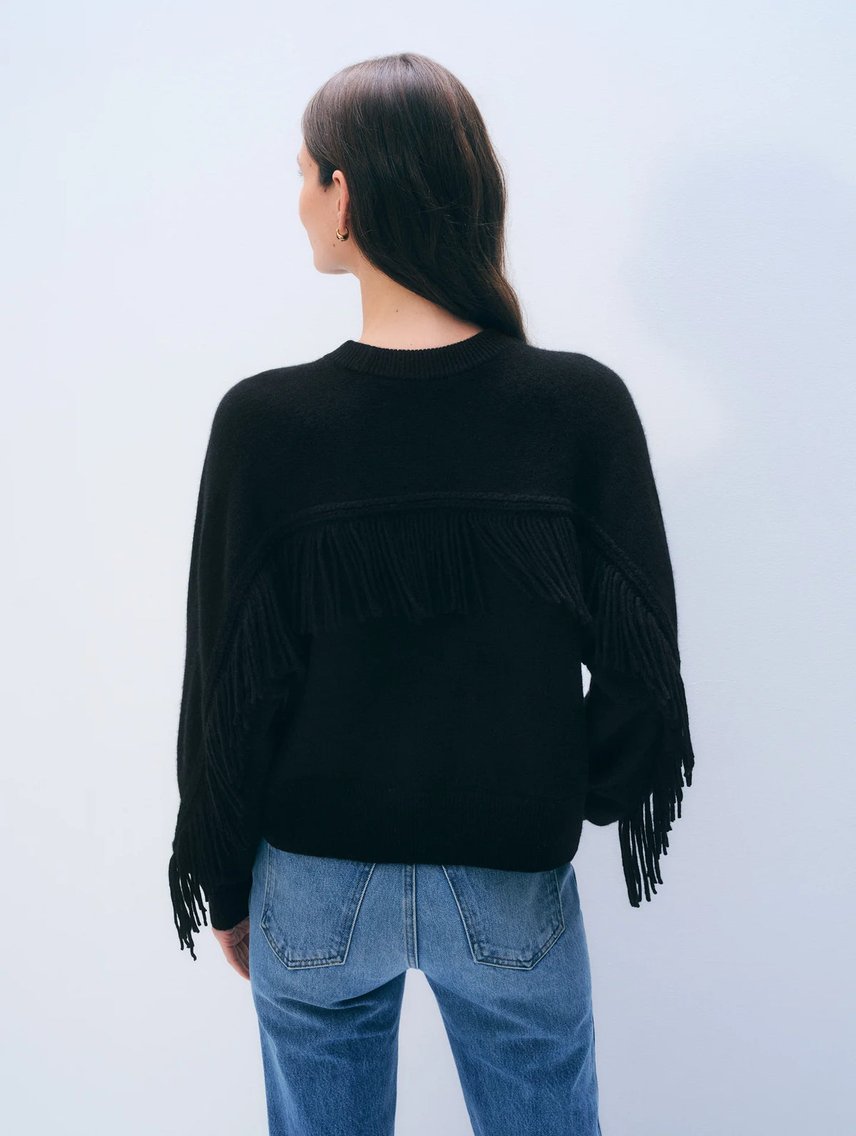 WHITE + WARREN Cashmere Blend Luxe Fringe Crew Sweater - Black