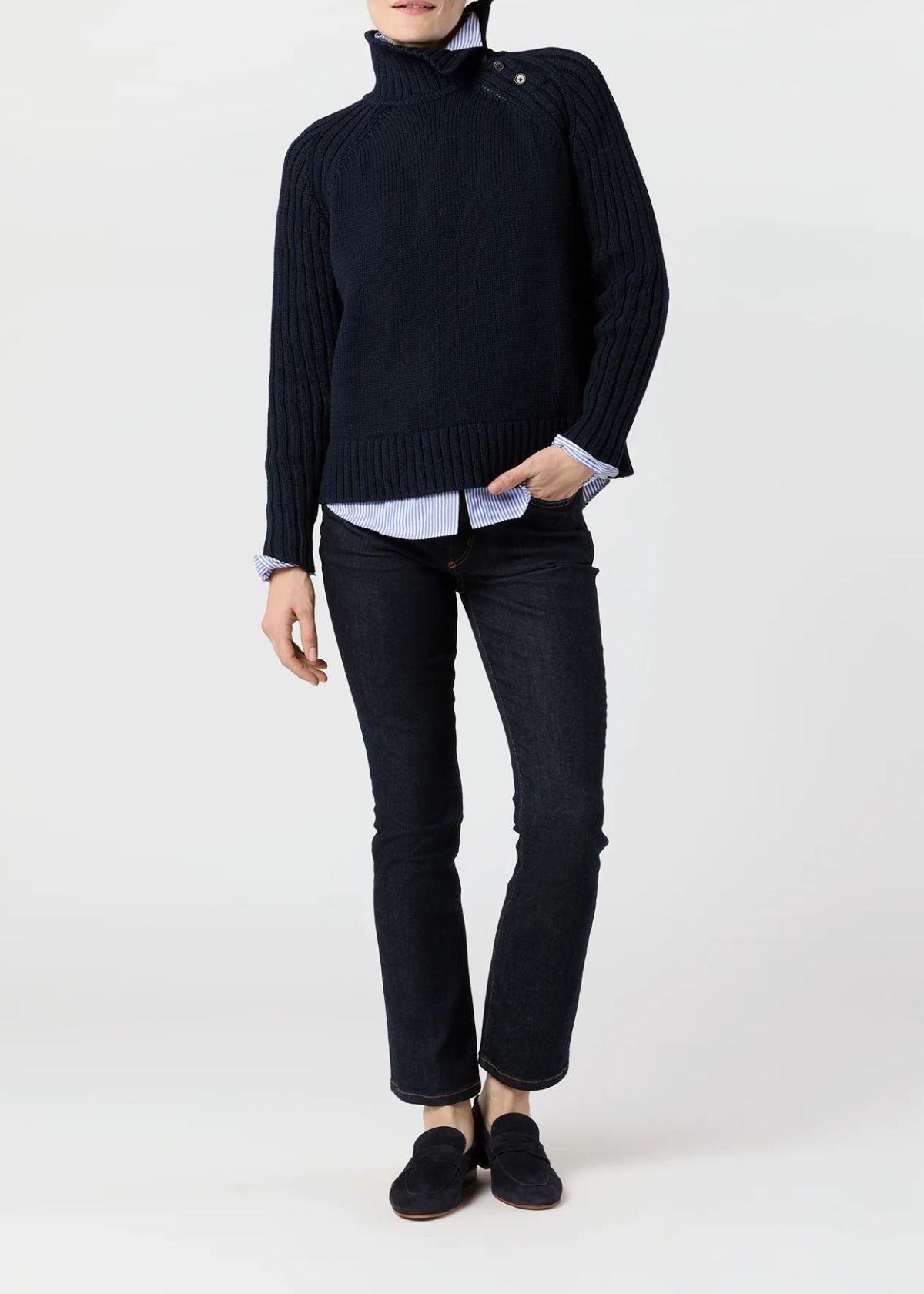 ANN MASHBURN Ines Side Funnel Neck Sweater - Navy Cotton Tape Yard