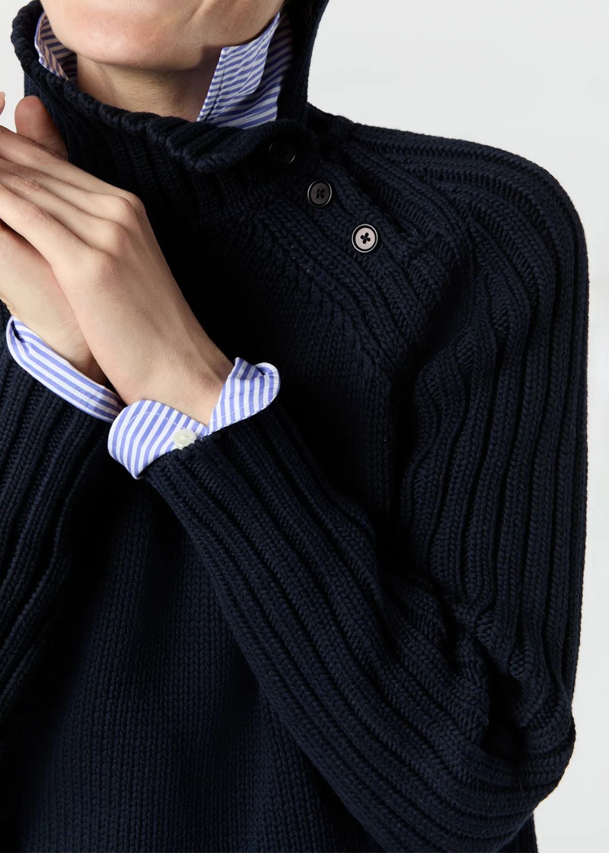 ANN MASHBURN Ines Side Funnel Neck Sweater - Navy Cotton Tape Yard