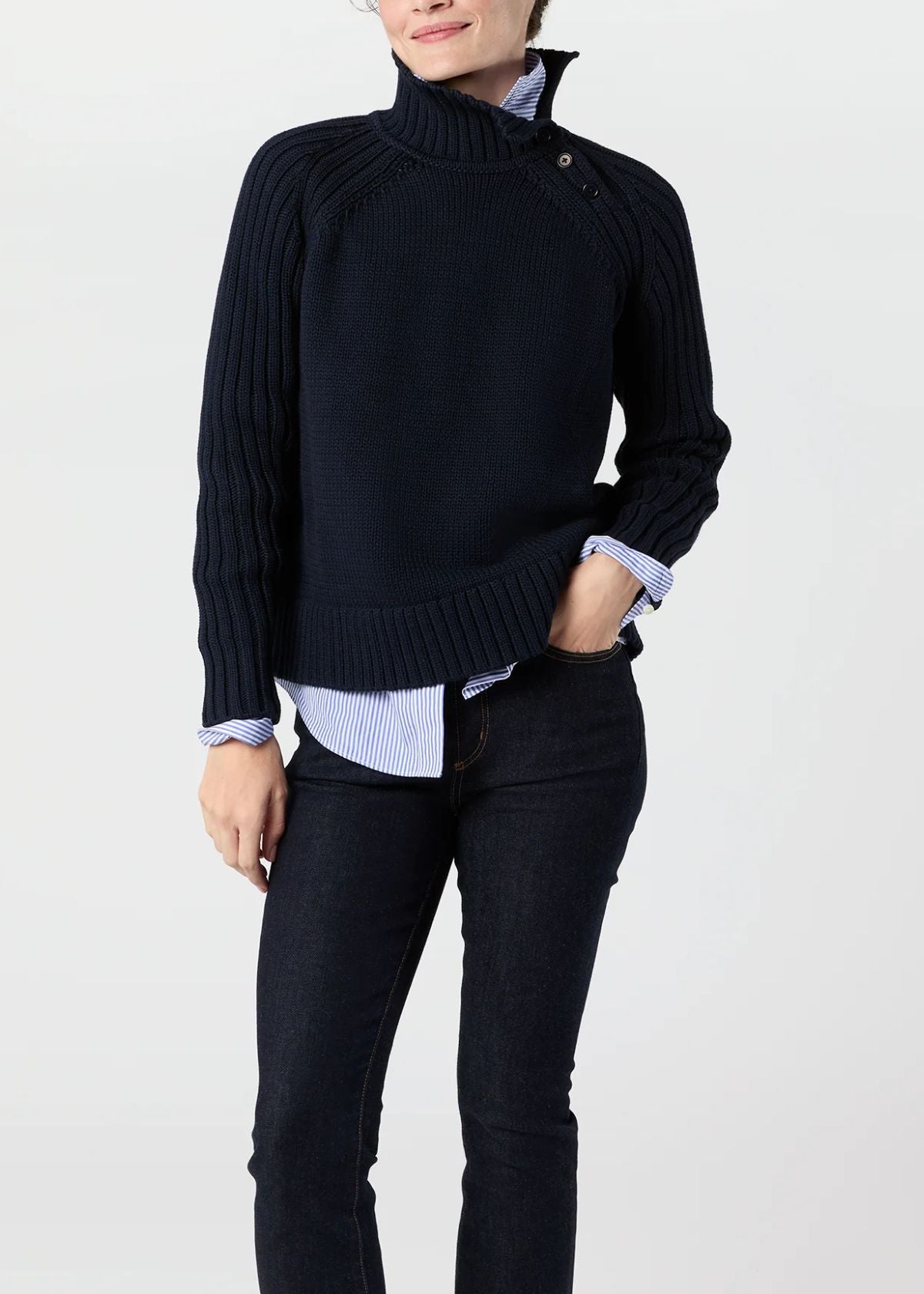 ANN MASHBURN Ines Side Funnel Neck Sweater - Navy Cotton Tape Yard