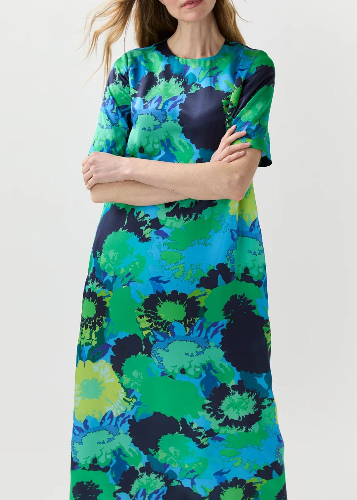 ANN MASHBURN Paige Maxi Dress - Blue/Green Floral Printed Silk Charmeuse