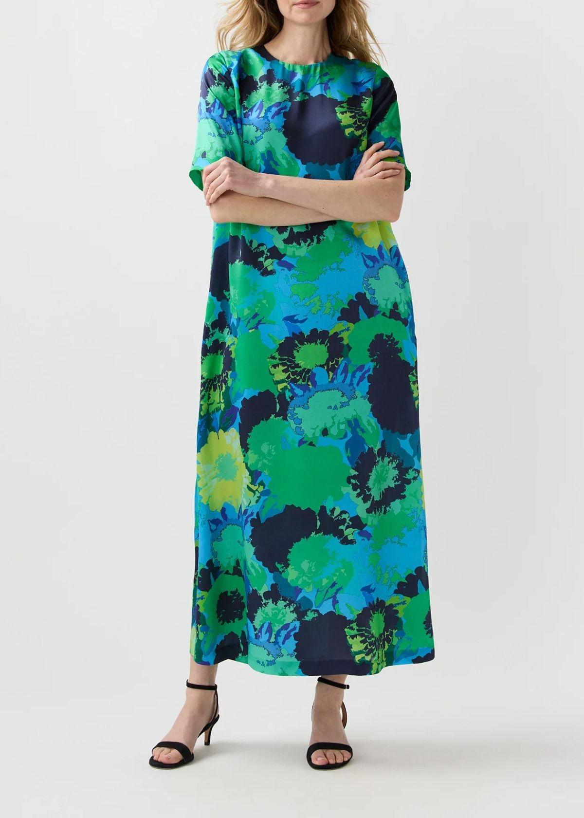 ANN MASHBURN Paige Maxi Dress - Blue/Green Floral Printed Silk Charmeuse