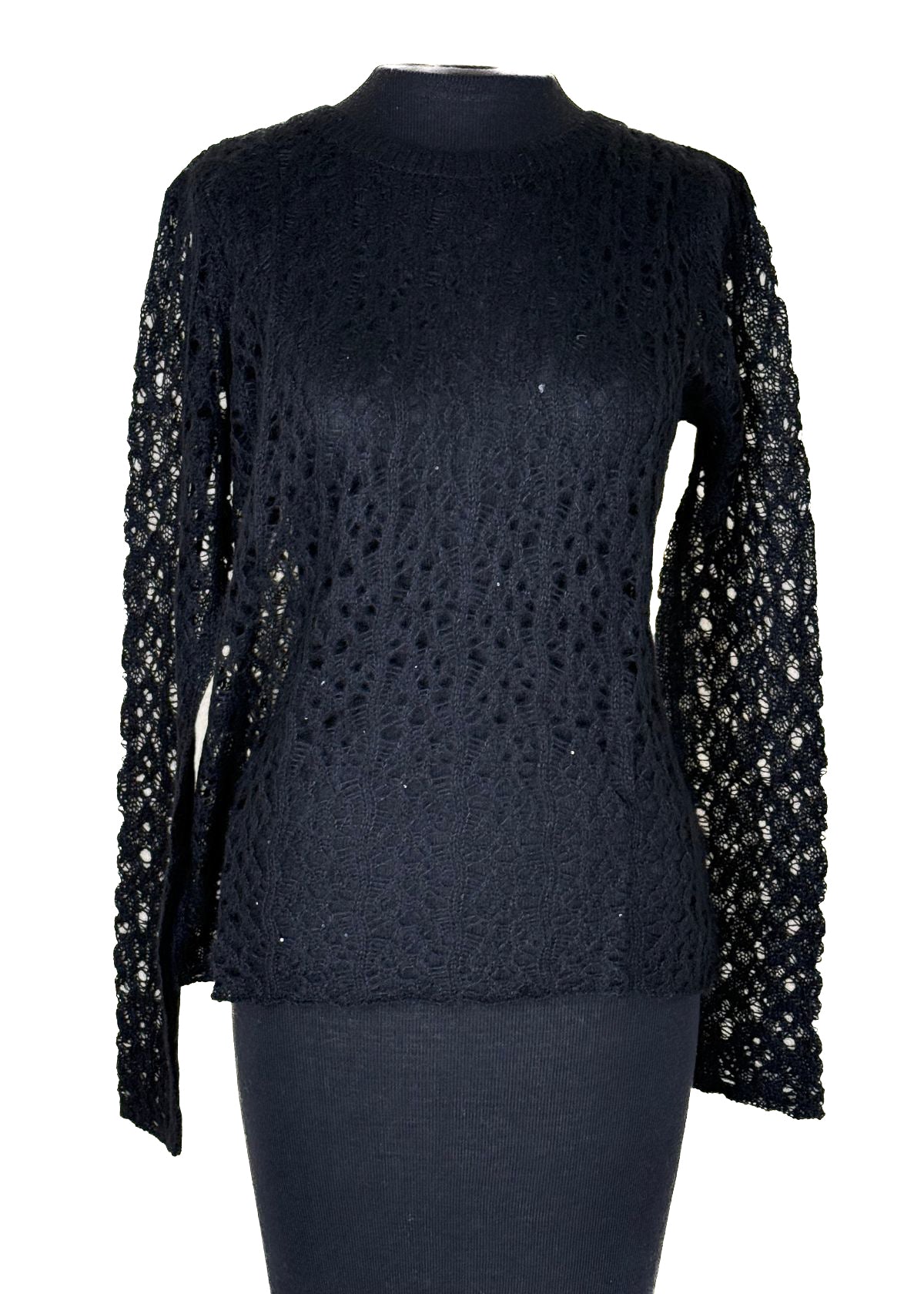 AUTUMN CASHMERE Open Pointelle Crew Neck Sweater - Black