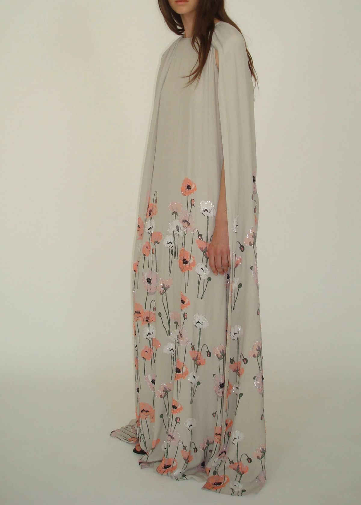 BERNADETTE Minnie Embroidered Dress - Pink and Coral Poppies on Beige