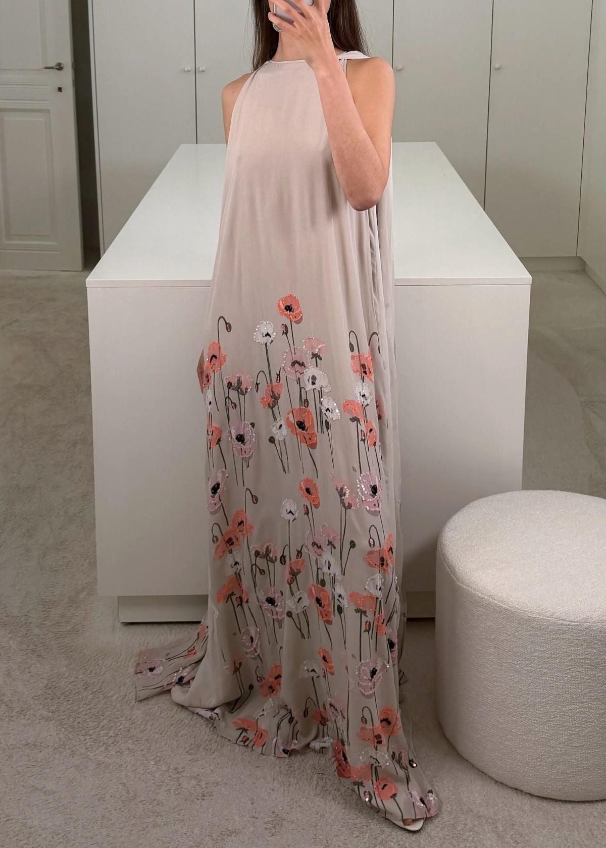 BERNADETTE Minnie Embroidered Dress - Pink and Coral Poppies on Beige