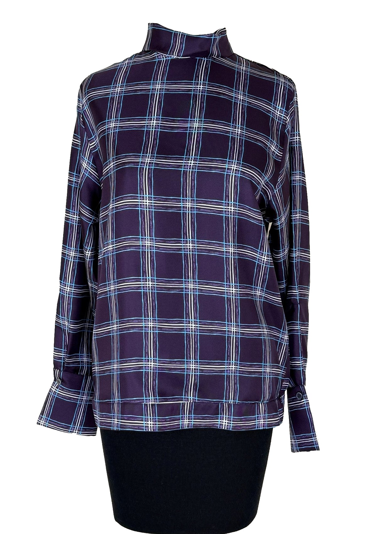 CALIBAN High Neck Silk Pullover Top - Aubergine Plaid
