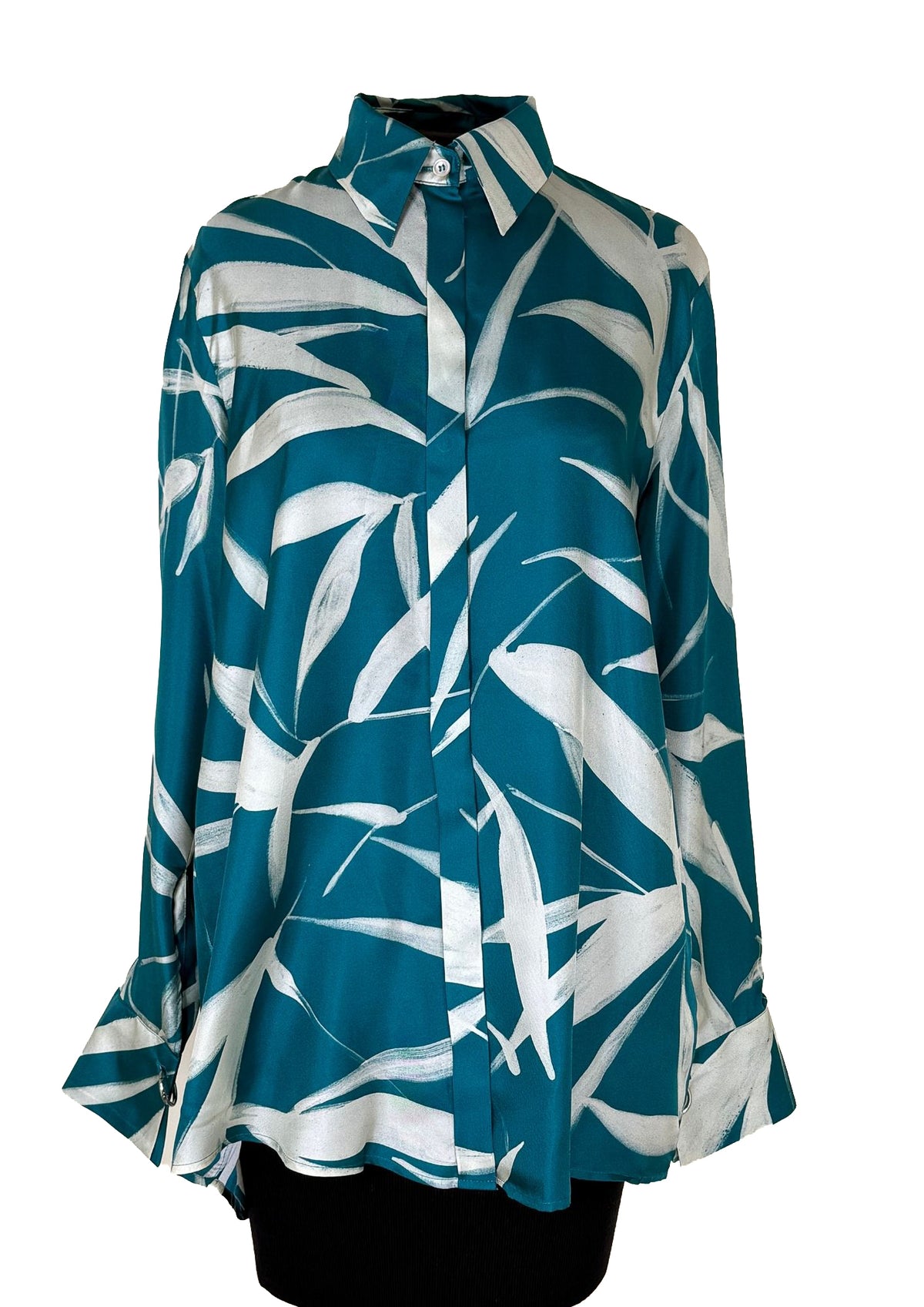 CALIBAN French Cuff Silk Top - Dark Cyan and Cream Print