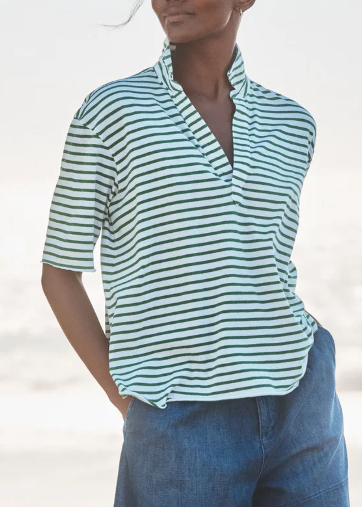 FRANK & EILEEN Patty Popover Henley - Green Stripe