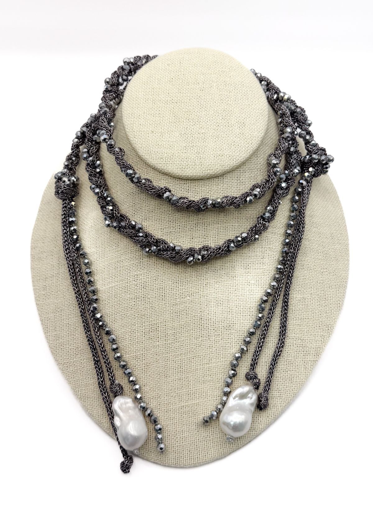 MELA Braided Bead and Pearl Lariat - Gunmetal