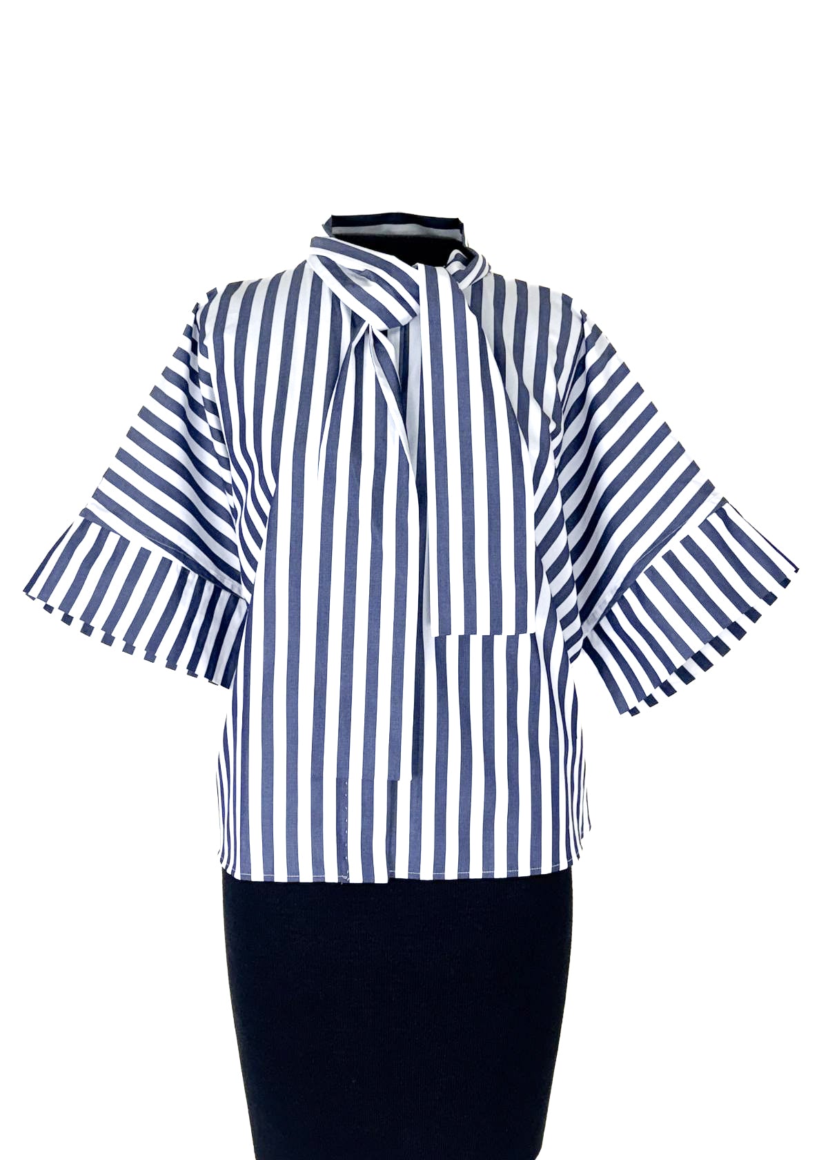 Le Sarte Pettegole Overfit Mandarin Collar Shirt with Scarf - Blue Stripe