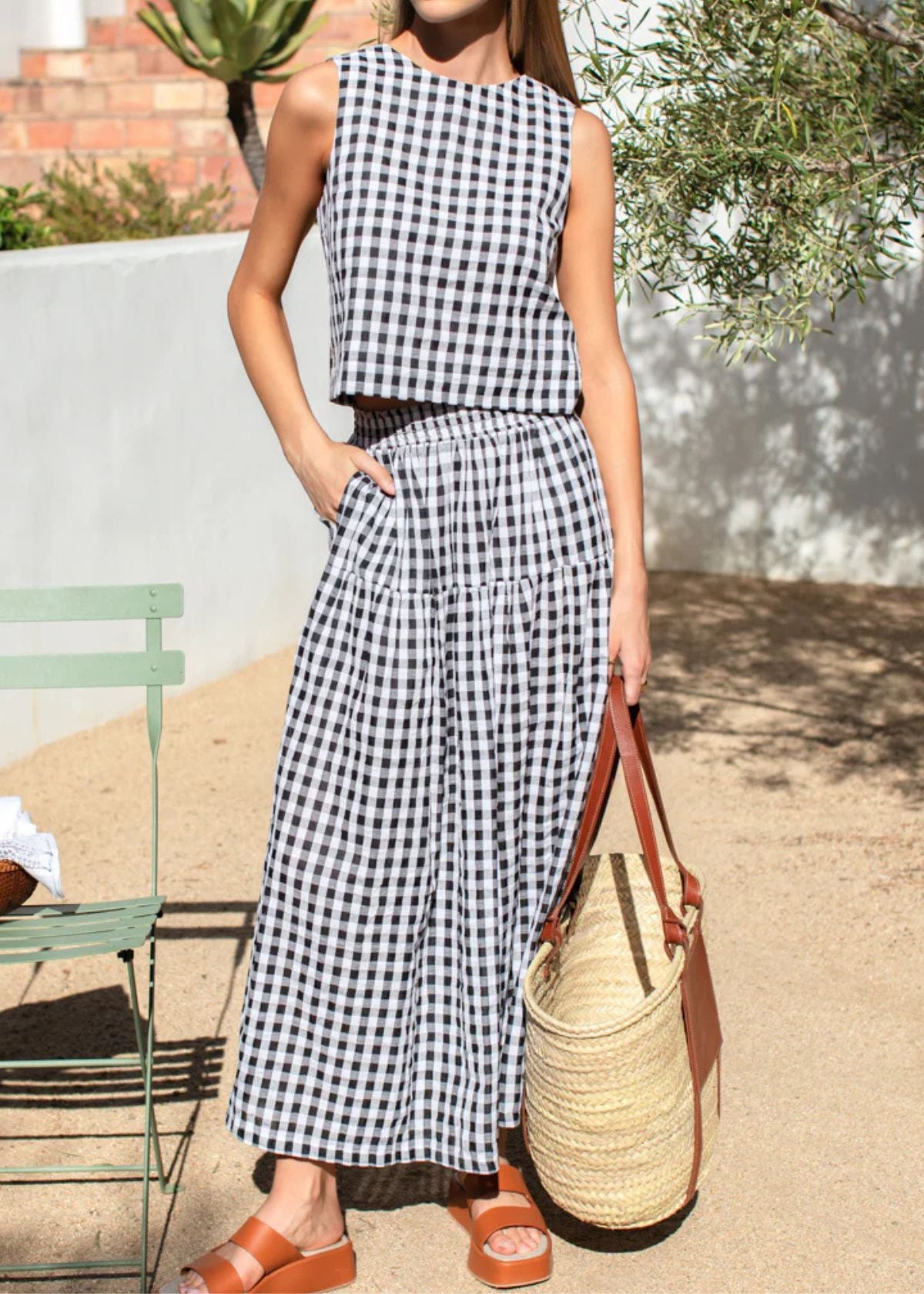 EMERSON FRY Single Tier Maxi Skirt - Black + White Check