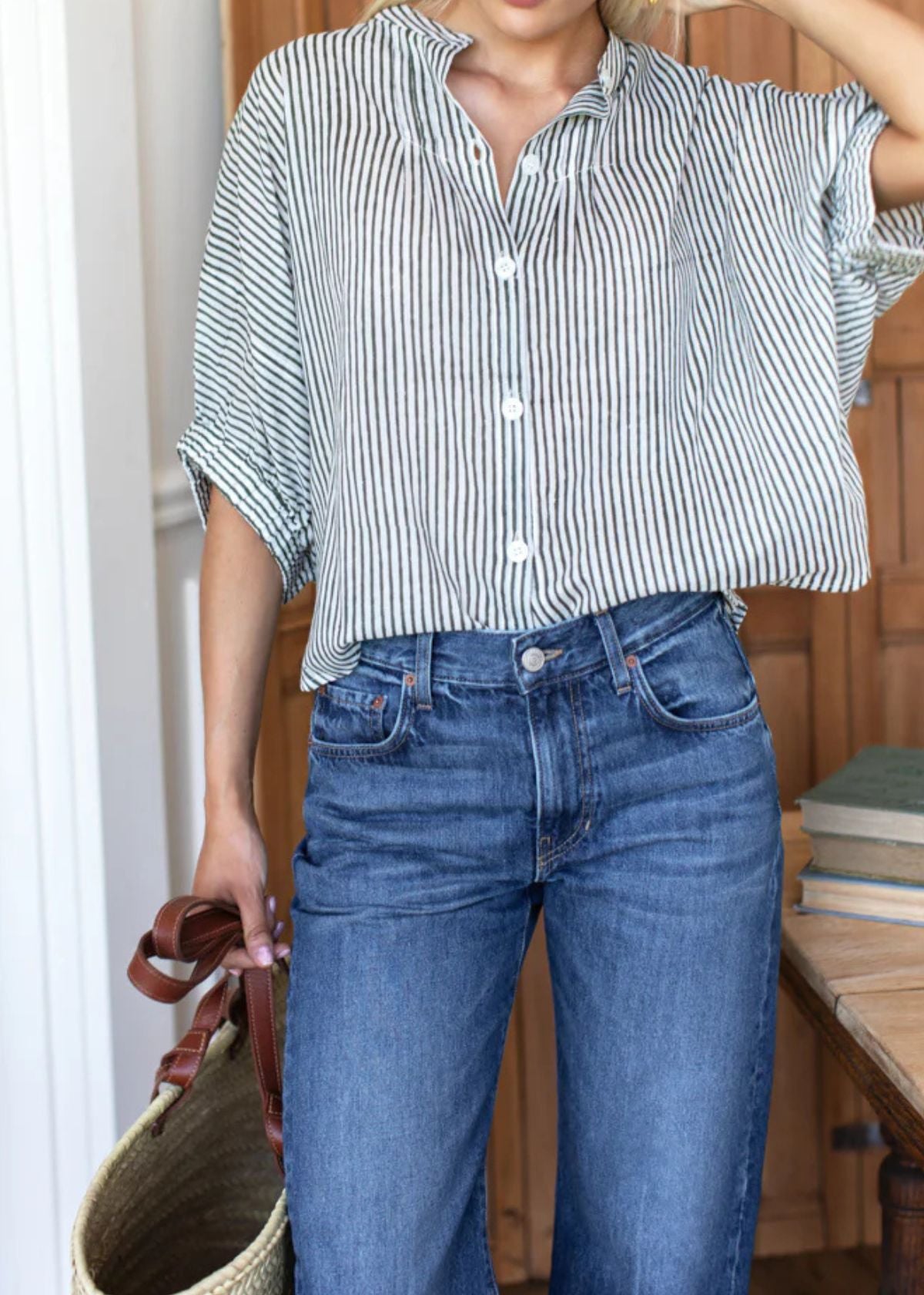 EMERSON FRY Mandarin Collar Top - Moss Stripe Organic