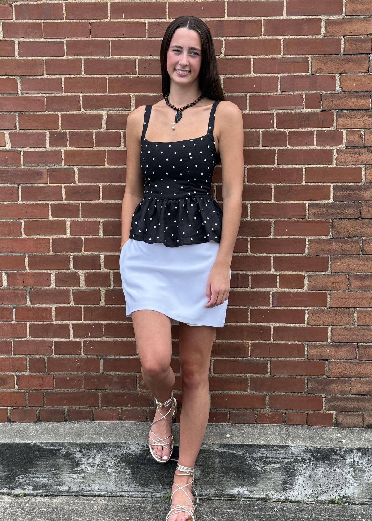 EMERSON FRY Jour Peplum Top - Small Dots Tuxedo + Ivory