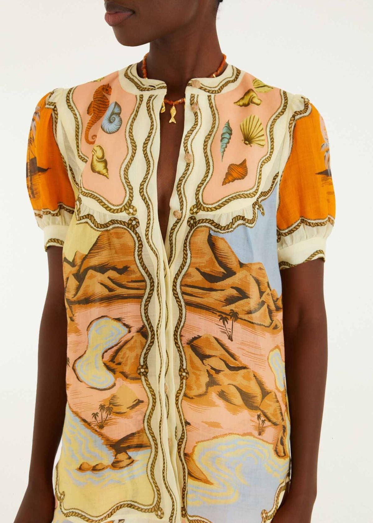 FARM RIO Puff Sleeve Top - Multicolor Rio Souvenir Scarves Print
