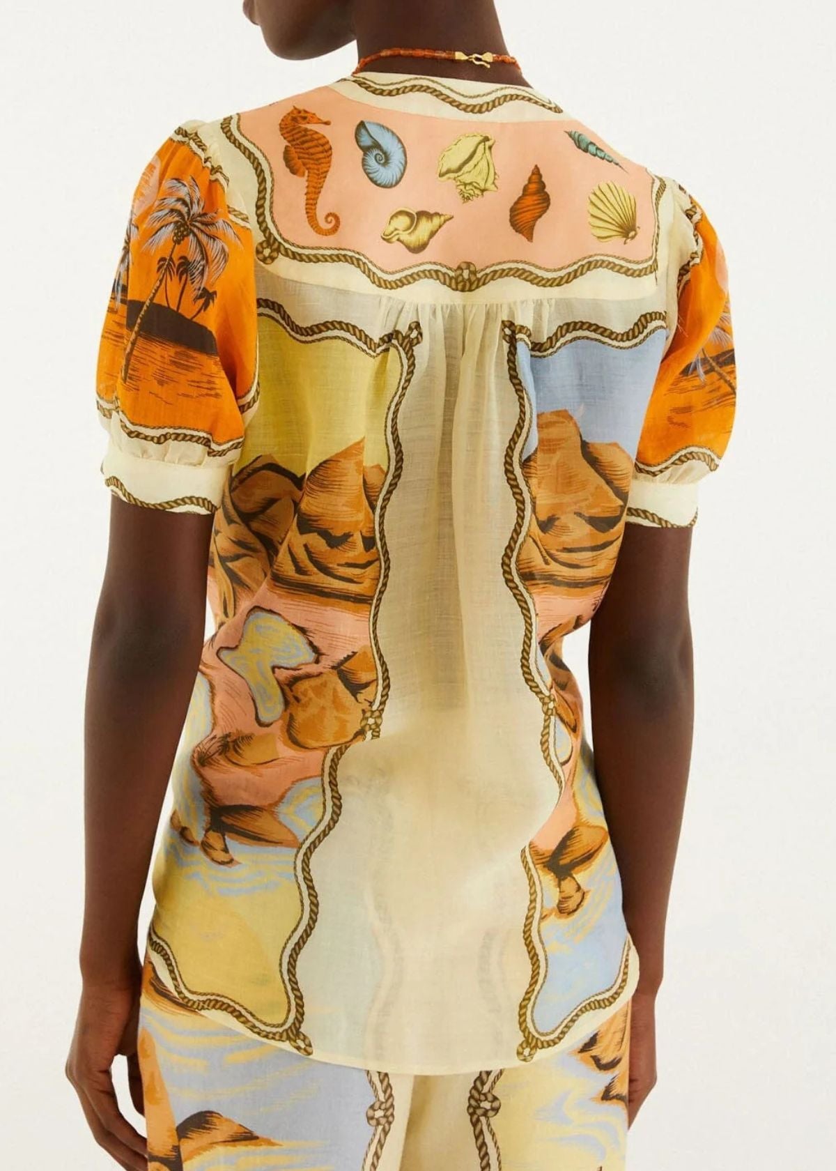 FARM RIO Puff Sleeve Top - Multicolor Rio Souvenir Scarves Print