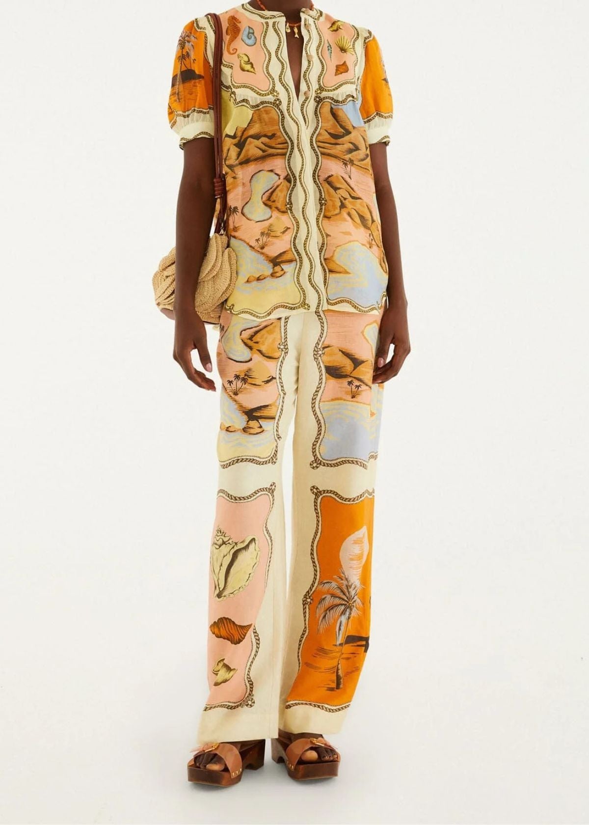 FARM RIO Puff Sleeve Top - Multicolor Rio Souvenir Scarves Print