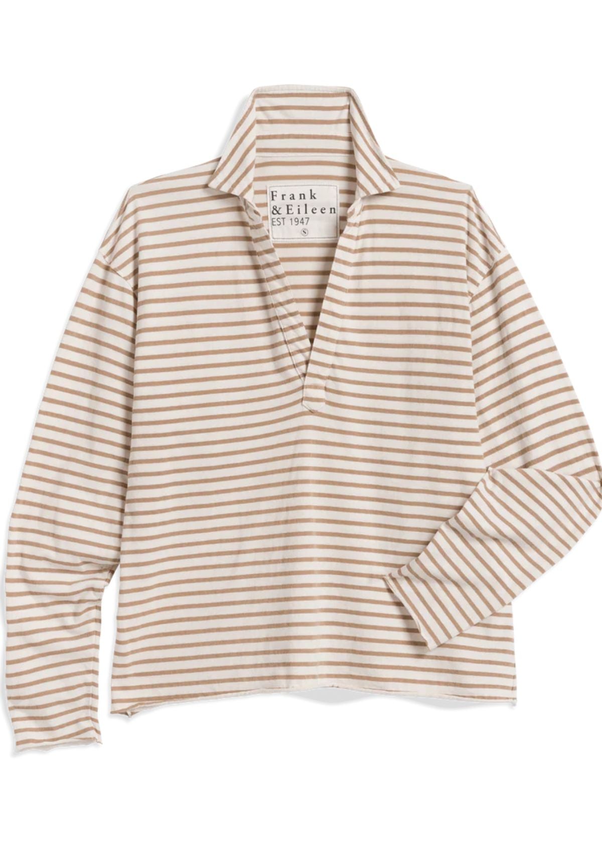 FRANK & EILEEN Patrick Popover Henley Top - Vintage White and Camel Stripe