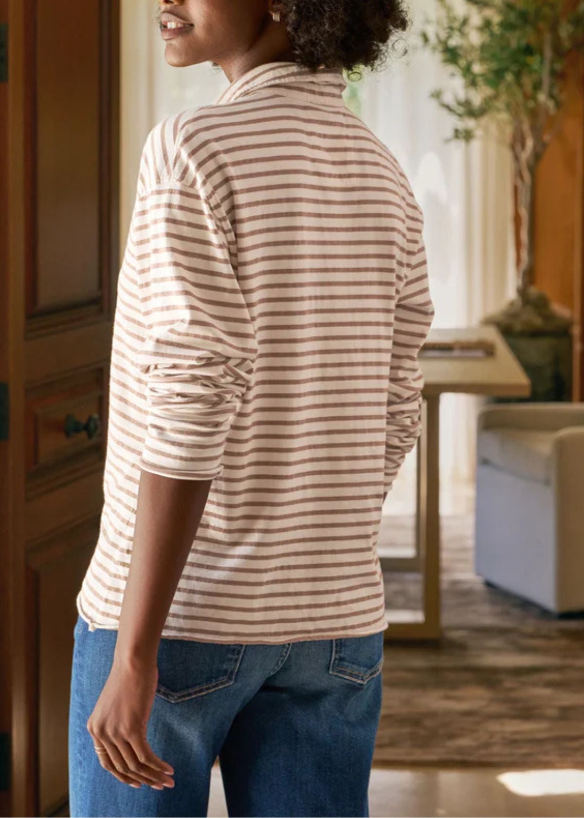 FRANK & EILEEN Patrick Popover Henley Top - Vintage White and Camel Stripe