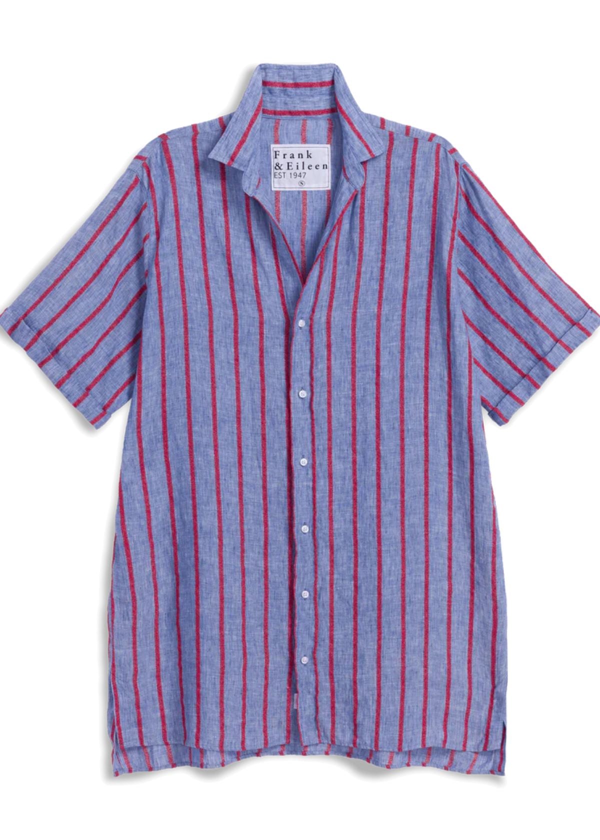 FRANK & EILEEN Rosemary Short Sleeve Shirt Dress - Blue and Red Textured Stripe