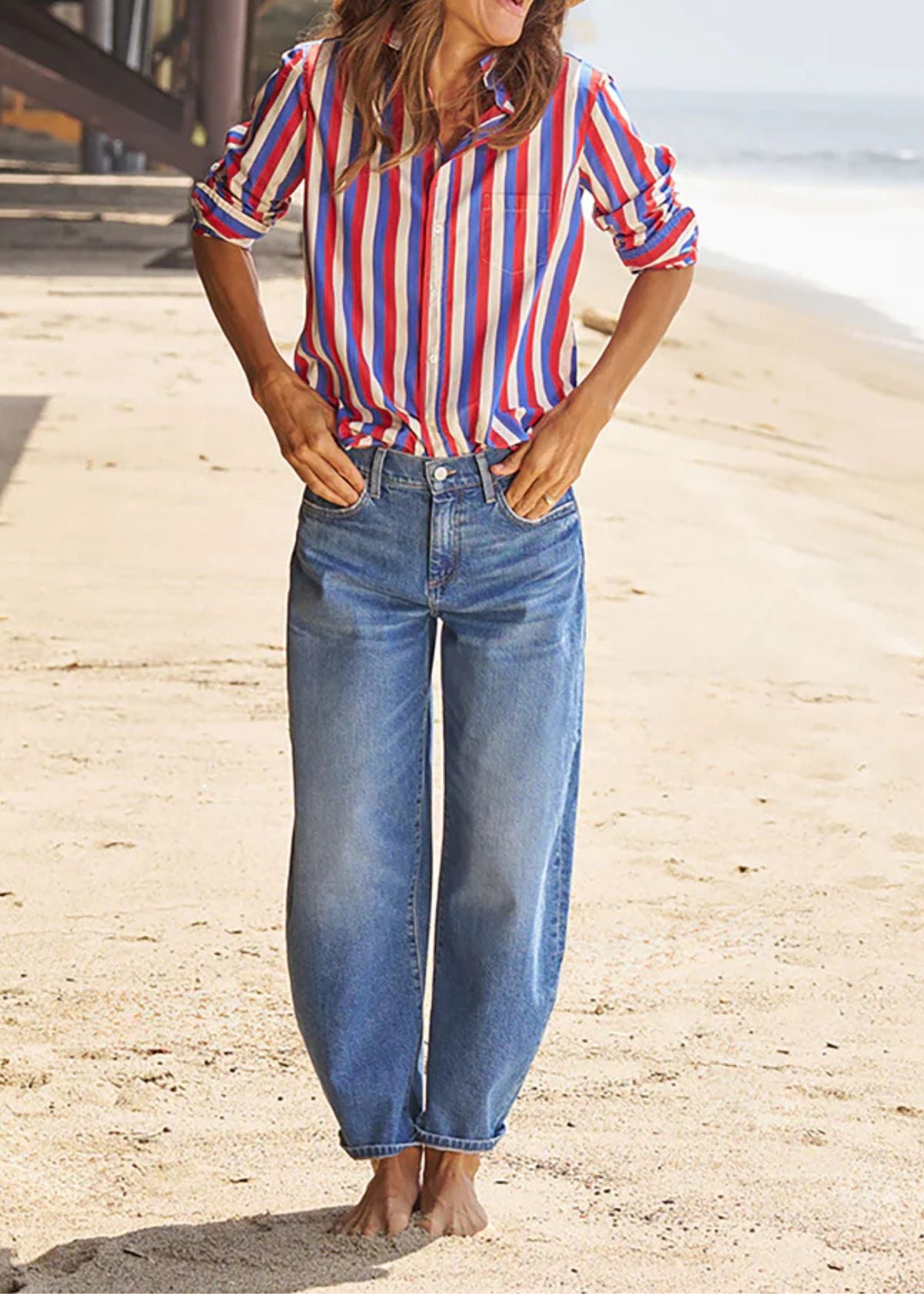 FRANK & EILEEN Eileen Relaxed Button-Up Shirt - Red, Blue, and Cream Stripe