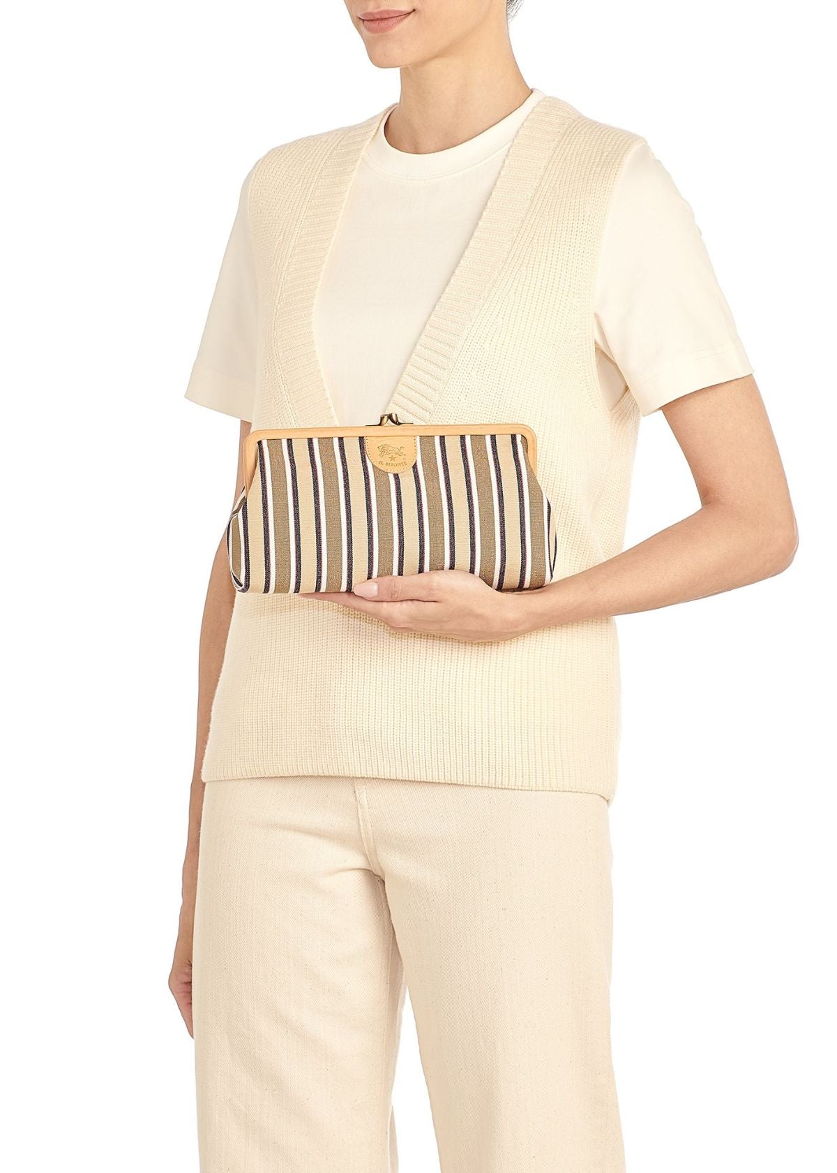IL BISONTE Manuela Canvas and Leather Clutch Handbag - Beige Stripe