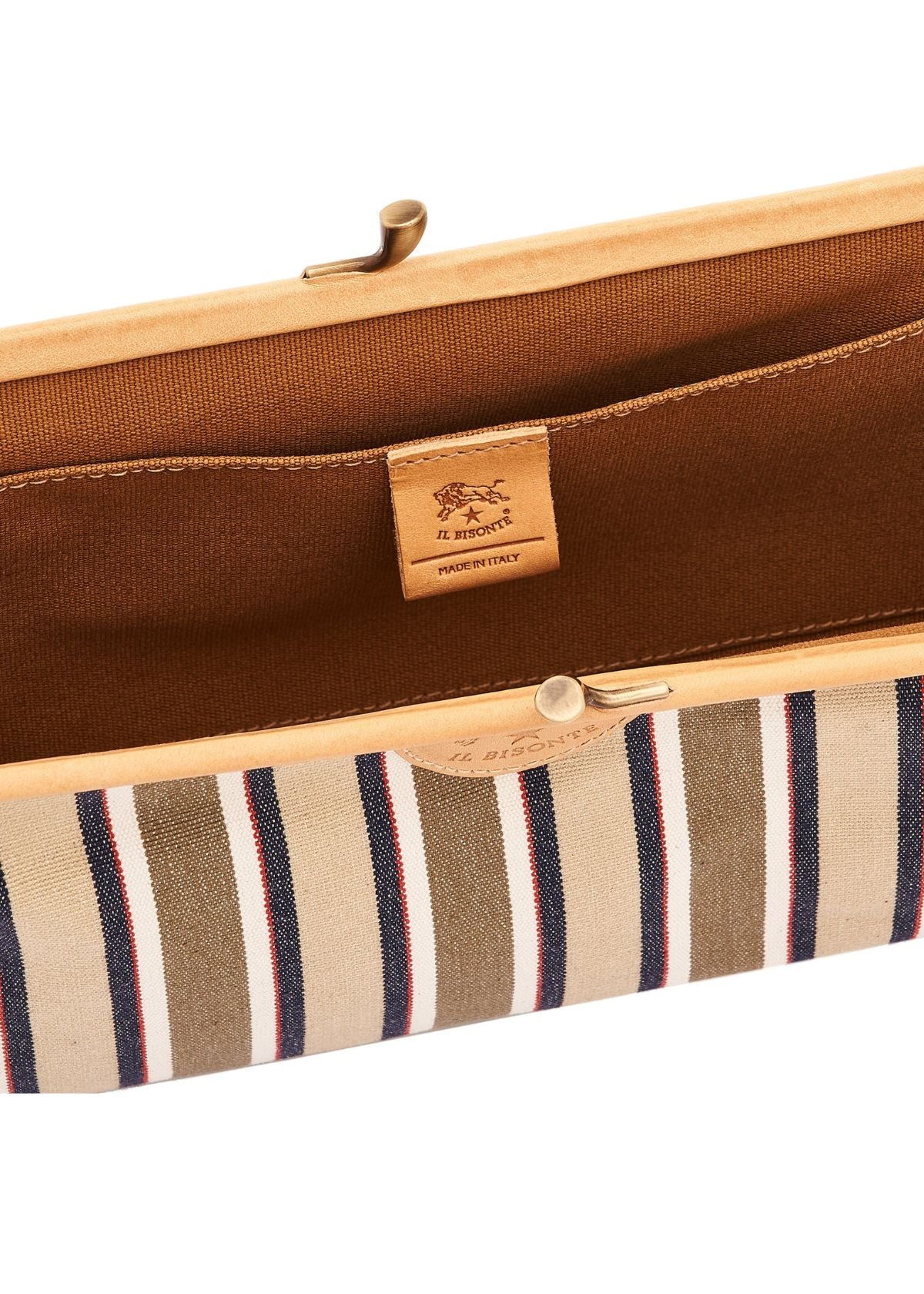 IL BISONTE Manuela Canvas and Leather Clutch Handbag - Beige Stripe