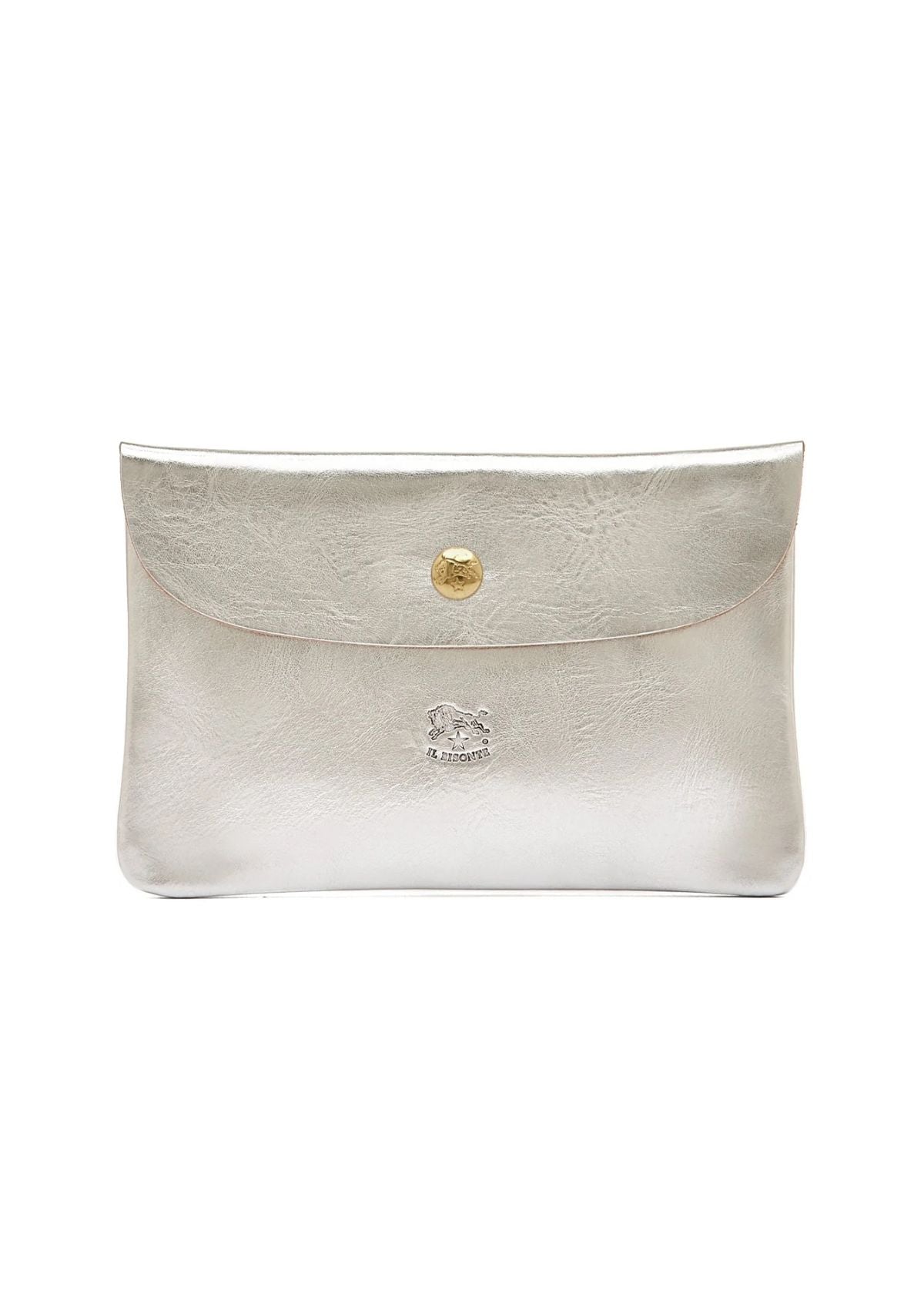 IL BISONTE Leather Envelope Clutch - Metallic Silver