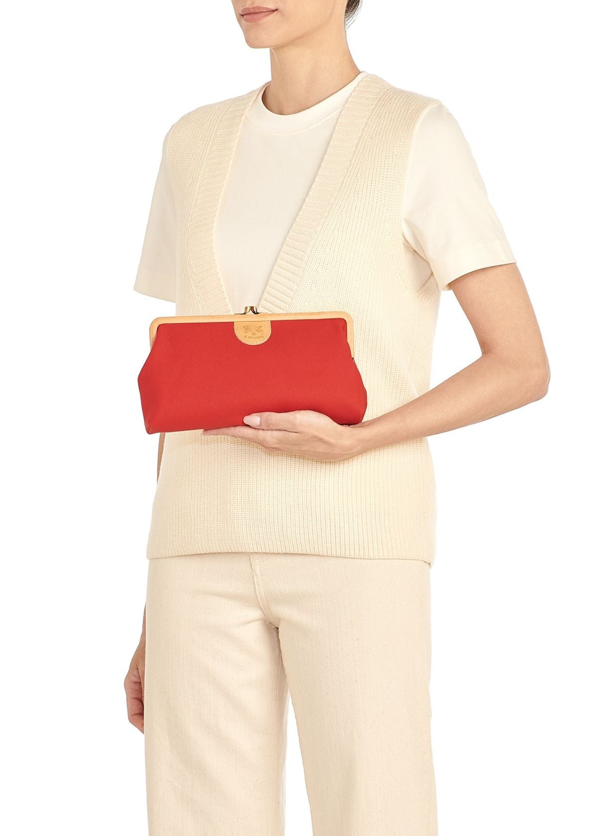IL BISONTE Manuela Canvas and Leather Clutch Handbag - Red & Natural