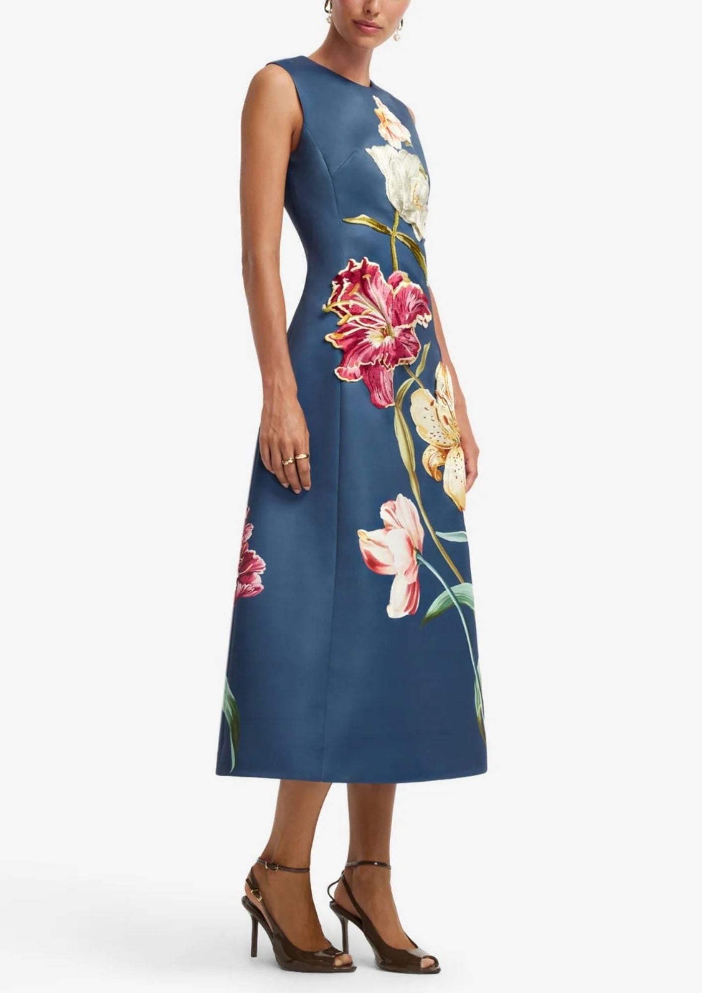 LEO LIN Cleo Embroidered Sleeveless Midi Dress - Lily Print in Indigo