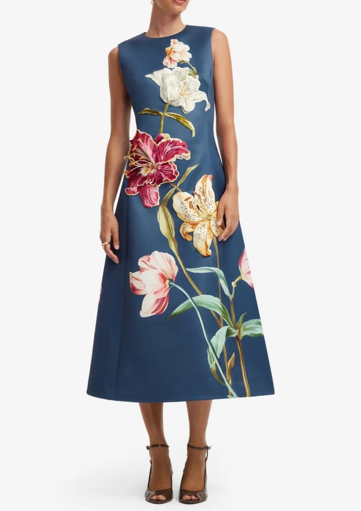LEO LIN Cleo Embroidered Sleeveless Midi Dress - Lily Print in Indigo