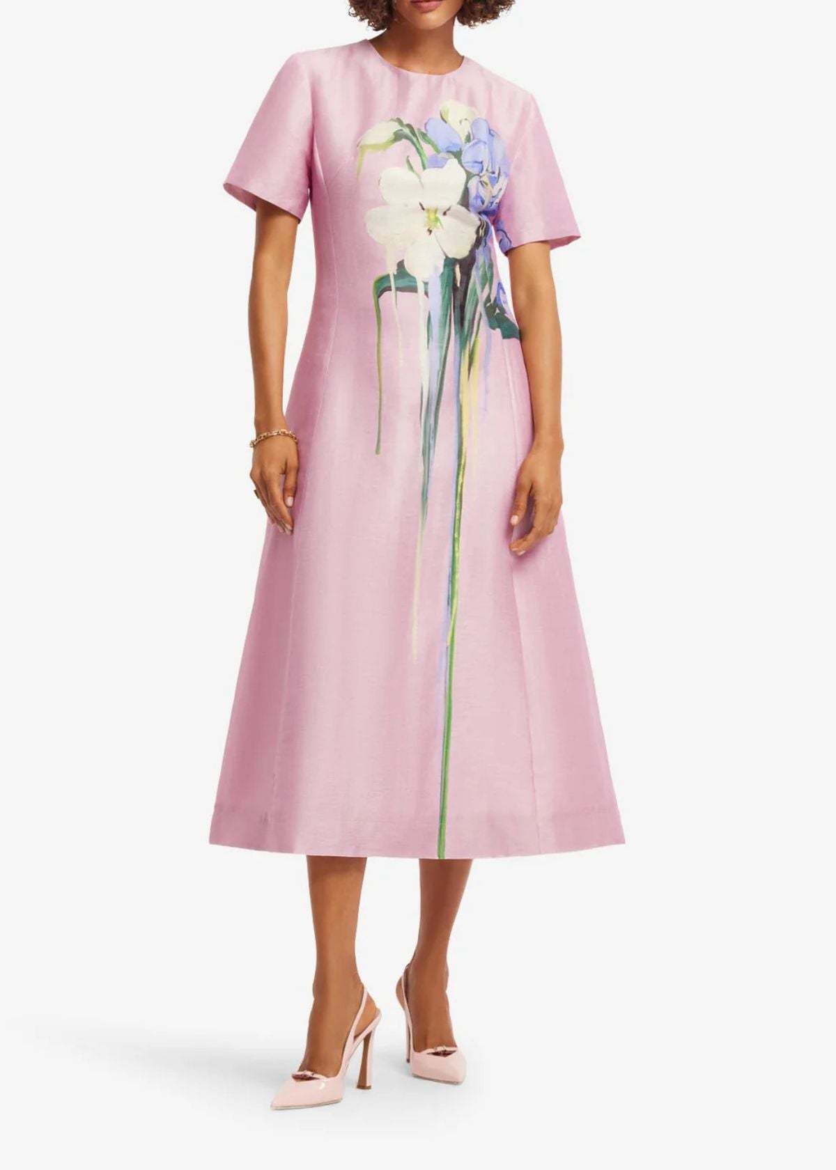 LEO LIN Caroline Short Sleeve Midi Dress - Bouquet Print in Pink