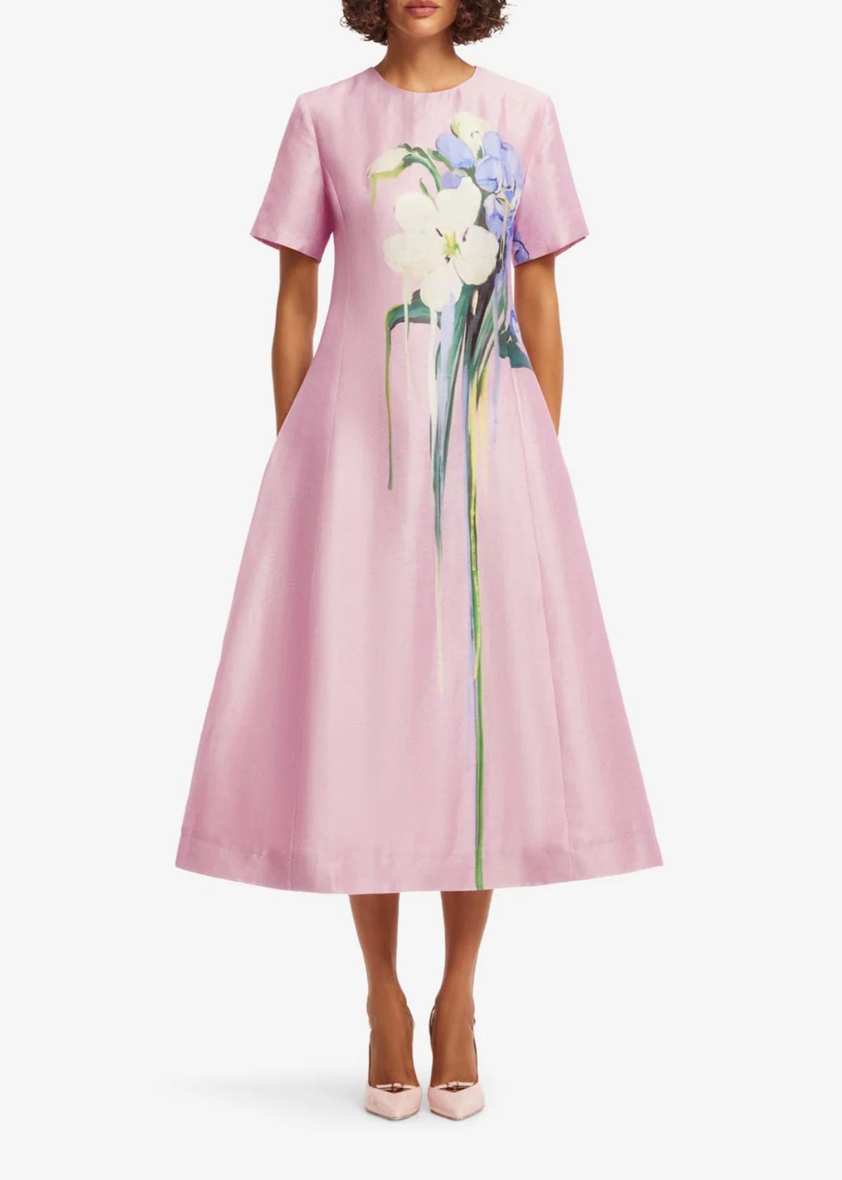 LEO LIN Caroline Short Sleeve Midi Dress - Bouquet Print in Pink