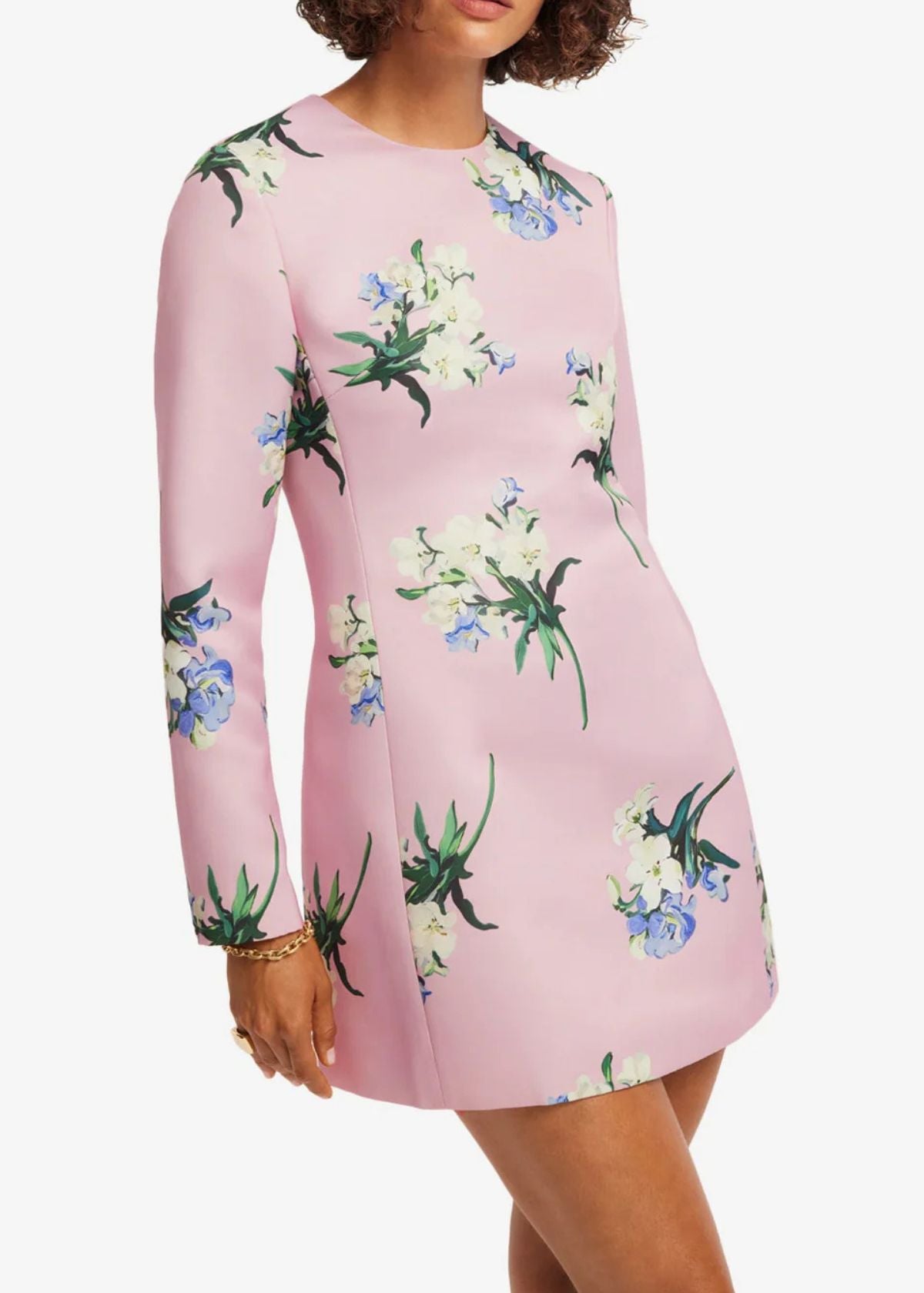 LEO LIN Aliza Long Sleeve Mini Dress - Bouquet Print in Pastel. Pink