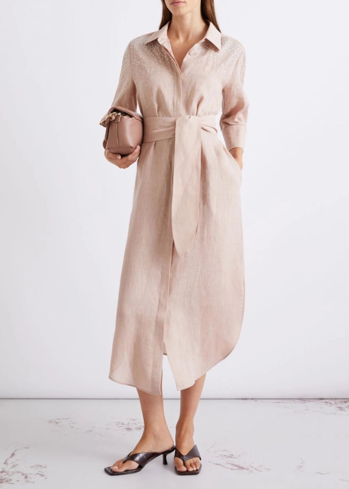 MARELLA Rhinestone Linen Shirt Dress - Powder