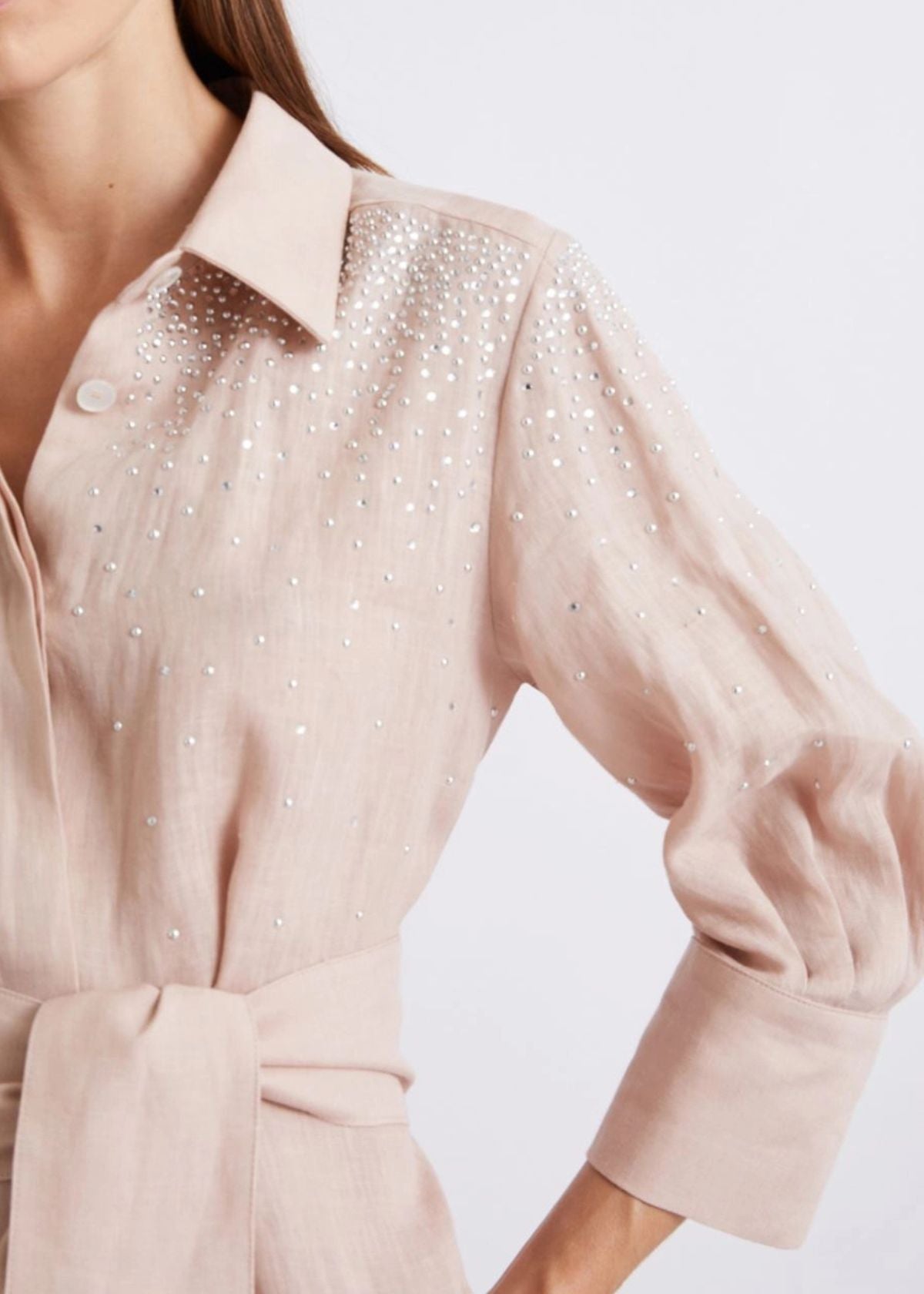 MARELLA Rhinestone Linen Shirt Dress - Powder