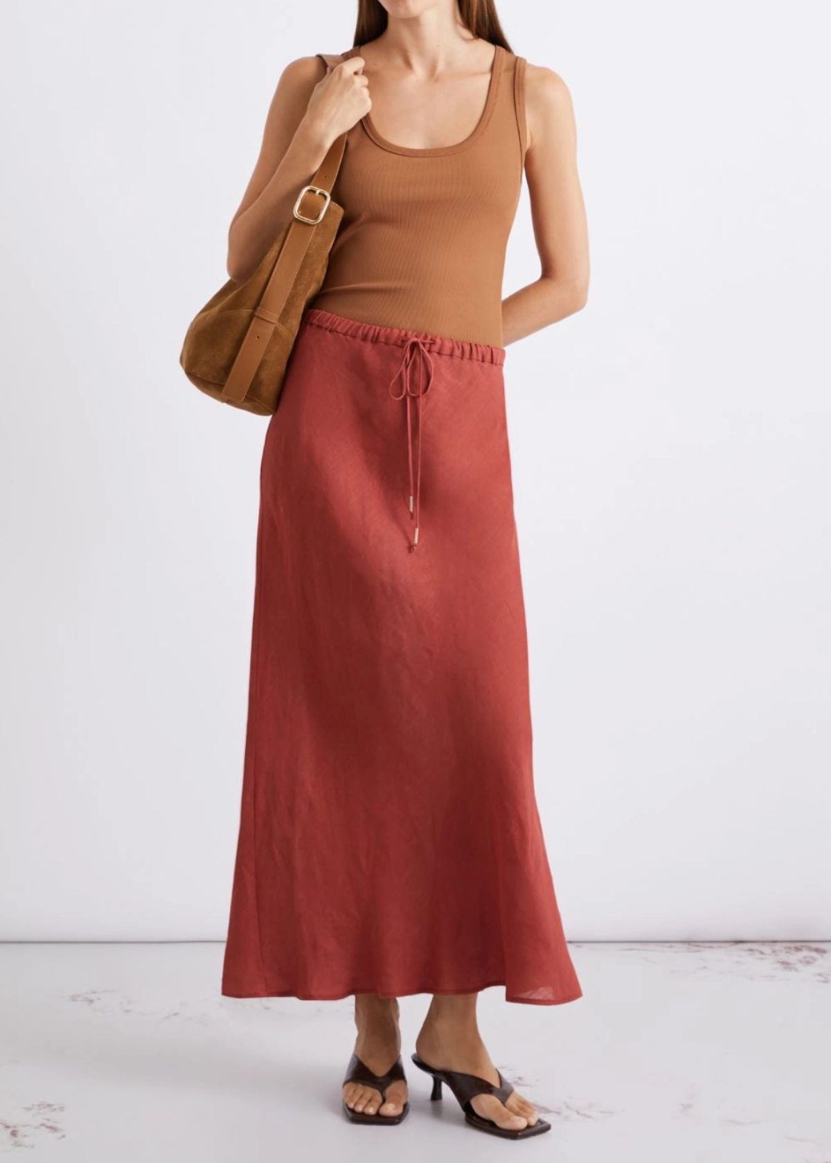 MARELLA Flared Linen Skirt - Brick Red