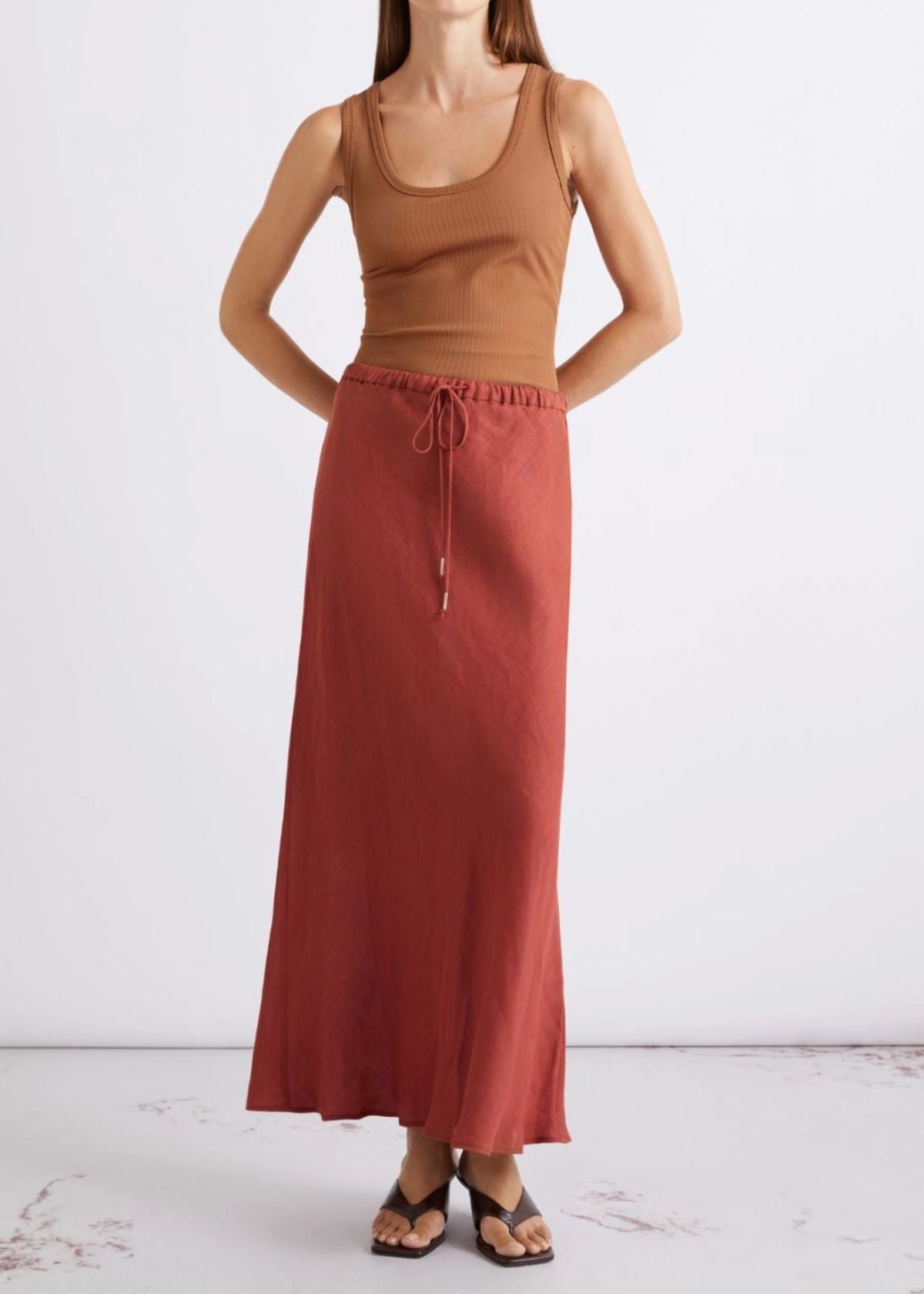 MARELLA Flared Linen Skirt - Brick Red