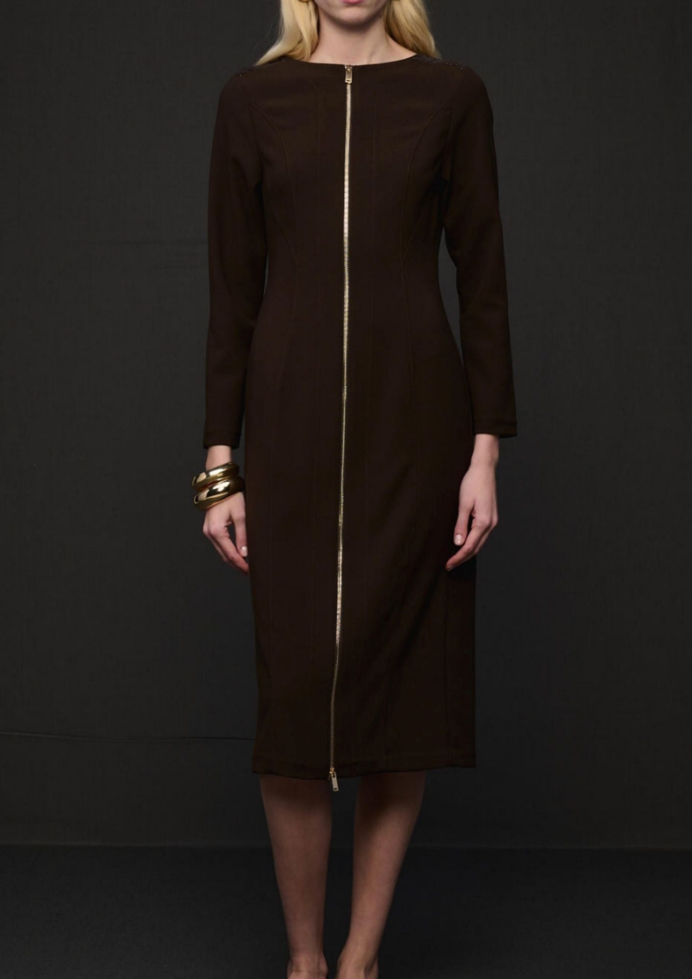 MILVA MI Zip Front Midi Dress - Coffee
