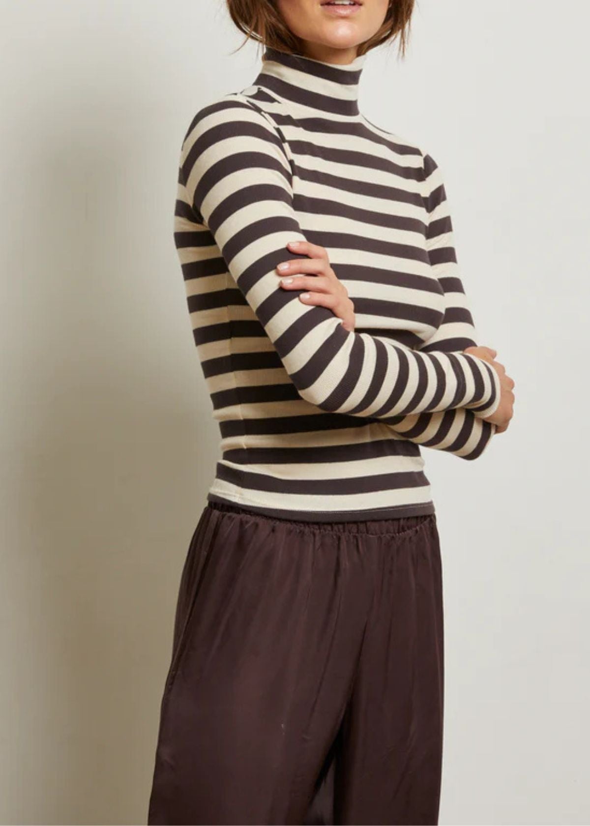 PERFECT WHITE TEE Hayden Luxe Rib Top - Mocha Stripe