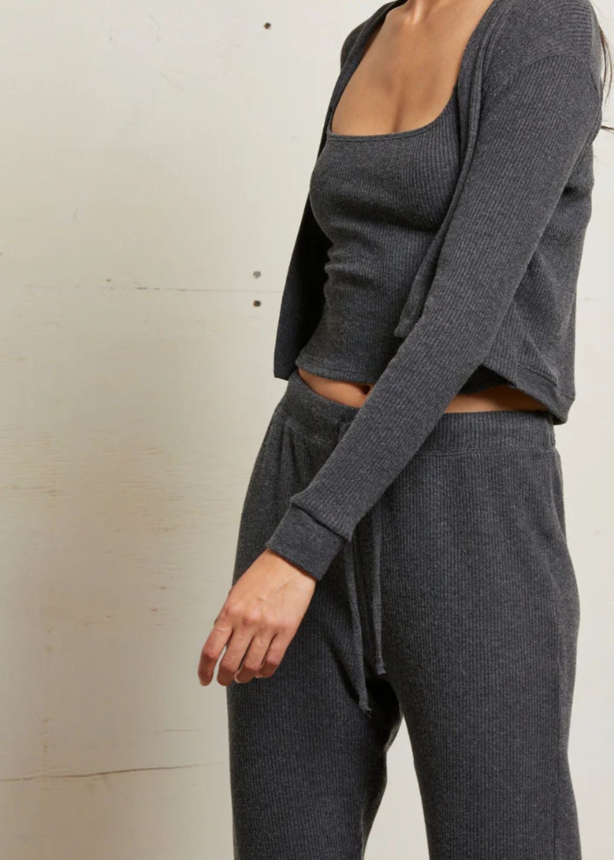 PERFECT WHITE TEE Kelsey Ribbed Cardigan - Charcoal