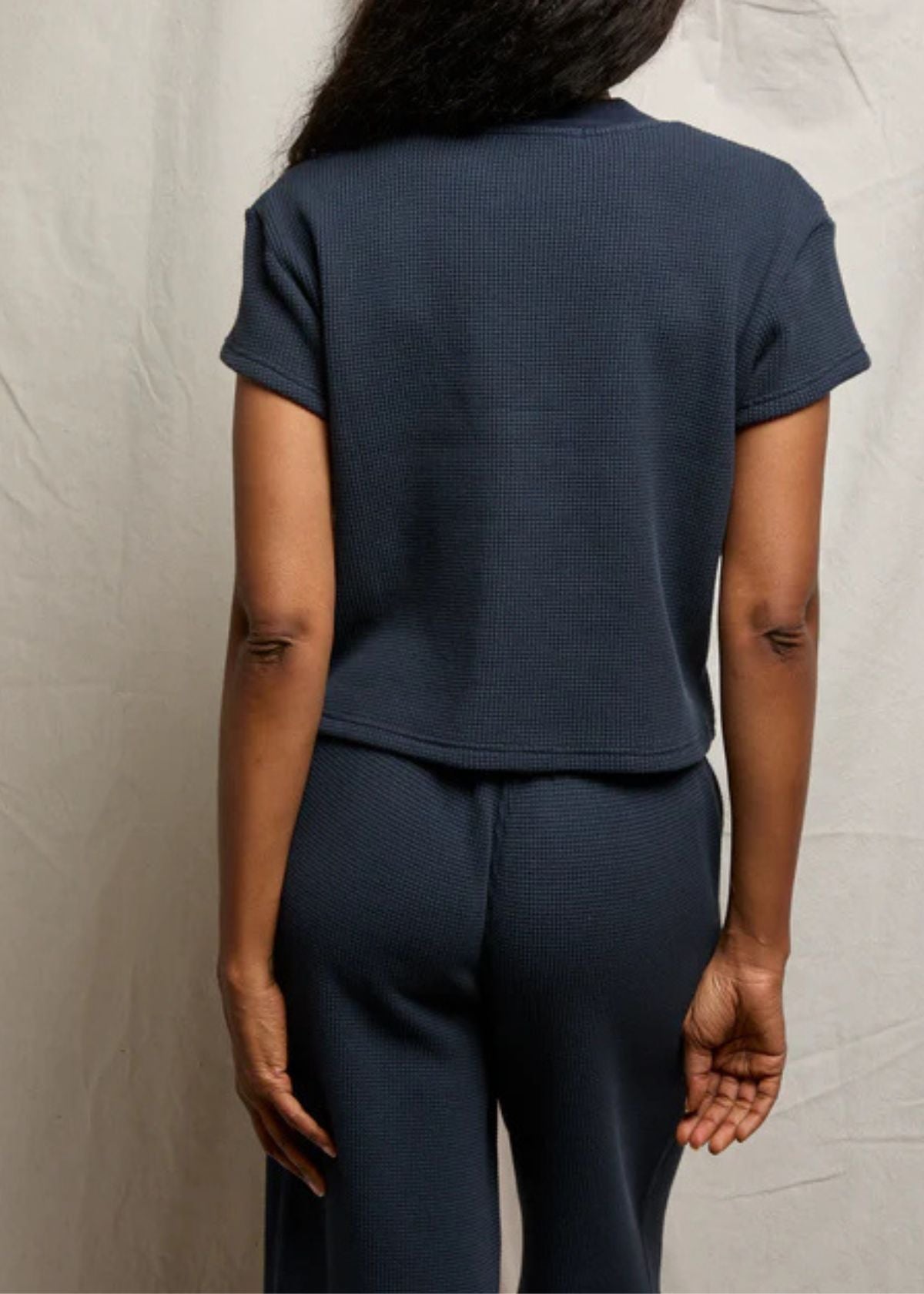 PERFECT WHITE TEE Jada Waffle Boxy V-Neck Top - Navy