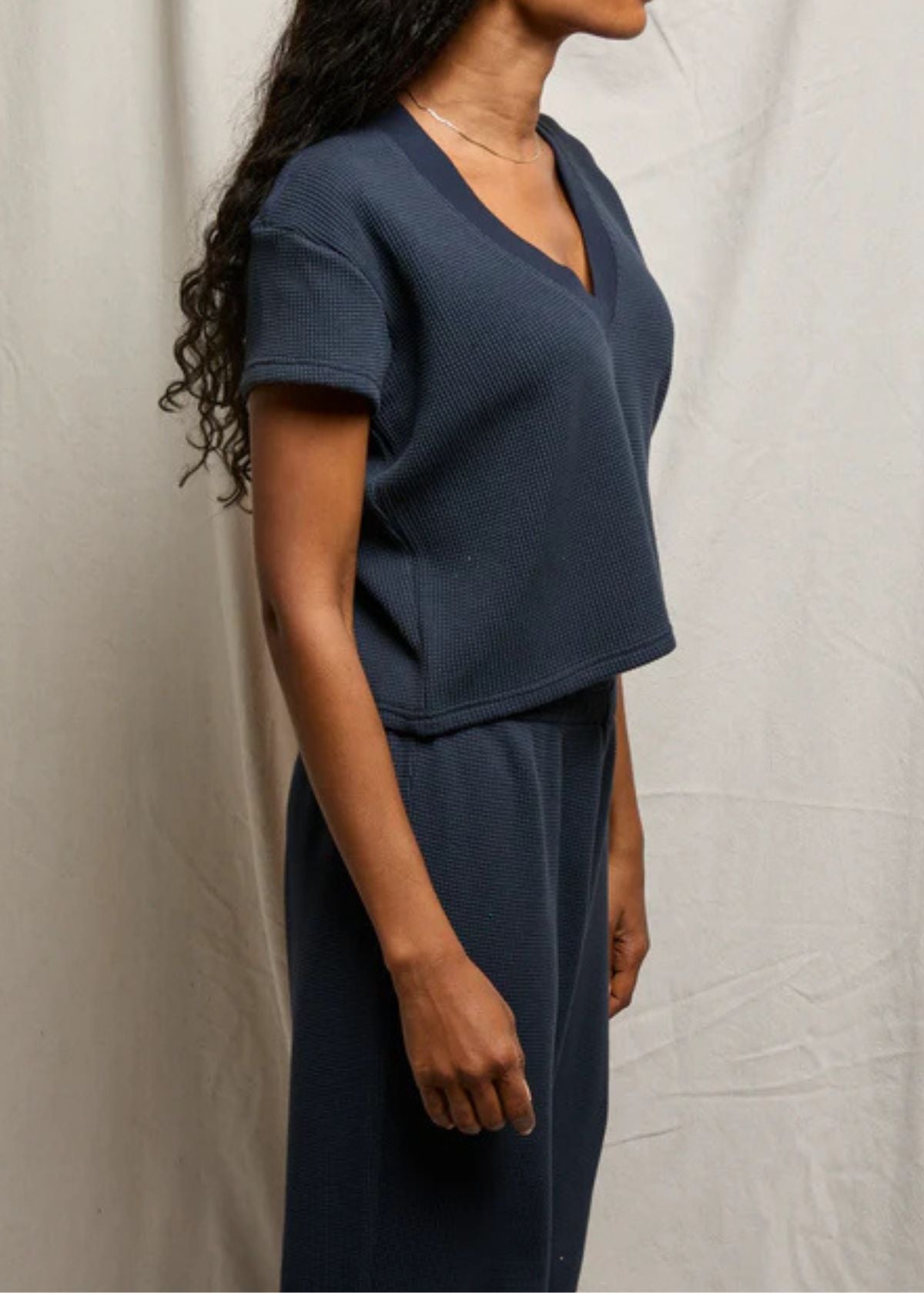 PERFECT WHITE TEE Jada Waffle Boxy V-Neck Top - Navy