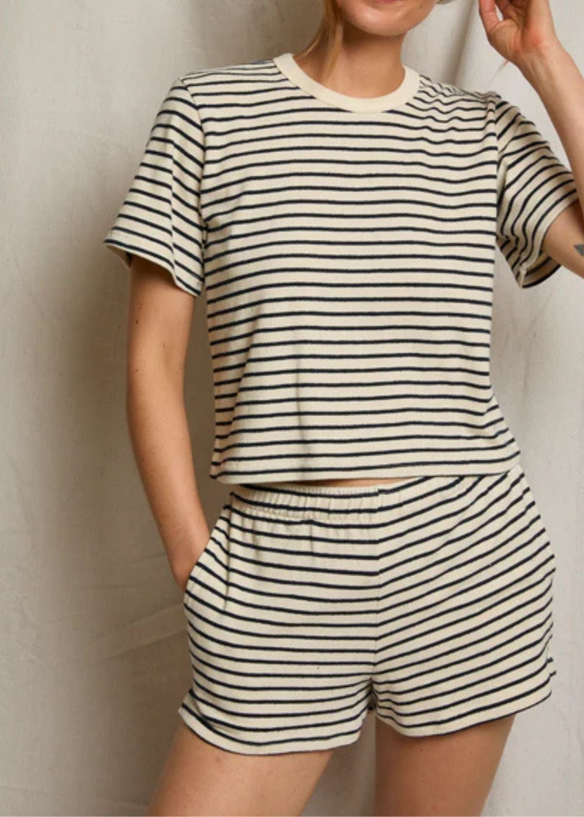 PERFECT WHITE TEE Liz Striped Brushed Rugby Short - Sugar Navy Stripe