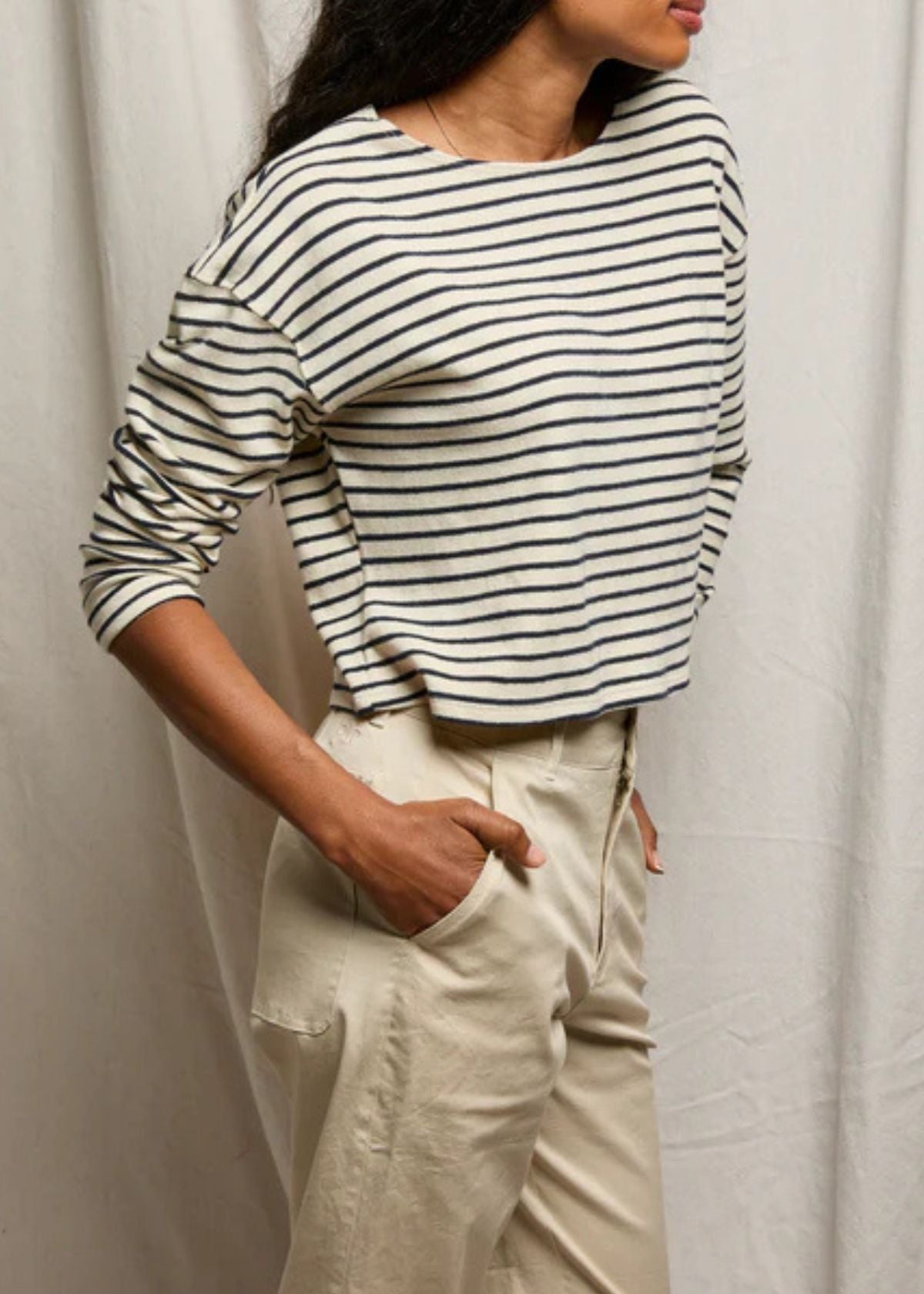 PERFECT WHITE TEE Taylor Recycled Cotton Brushed Striped Top - Sugar Navy Stripe