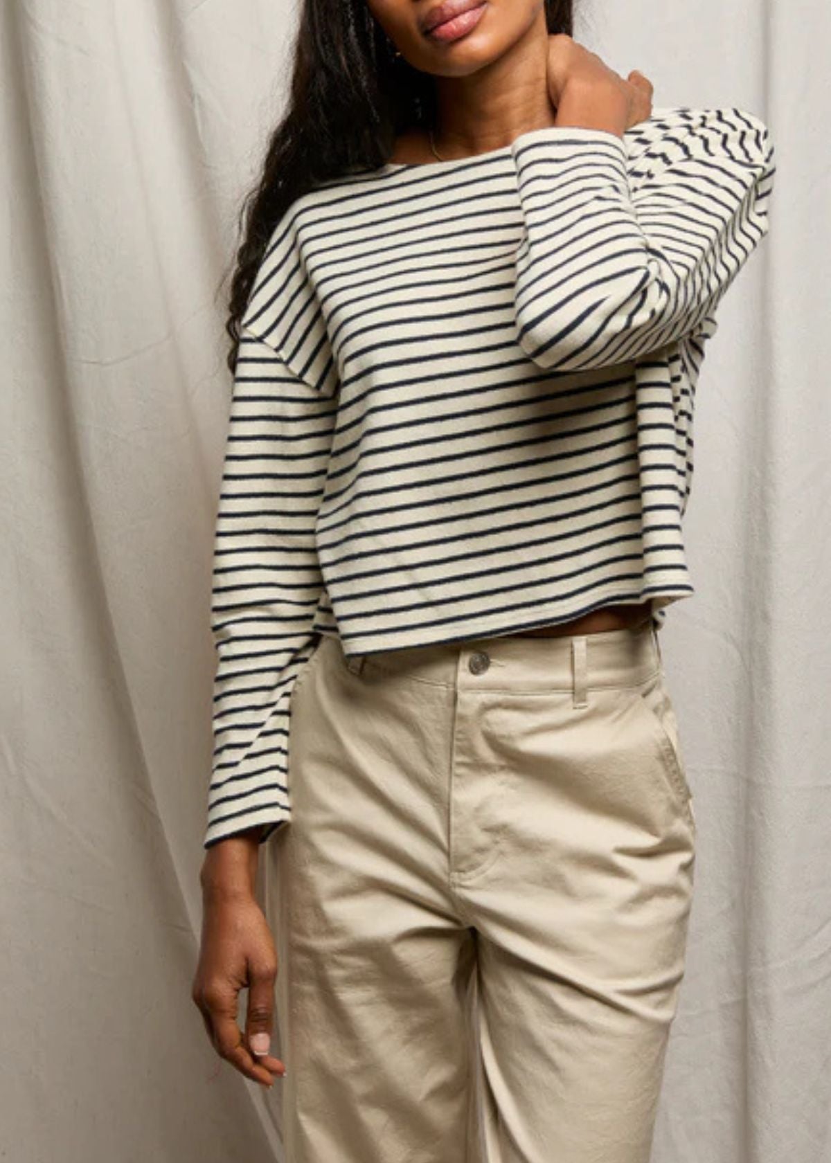 PERFECT WHITE TEE Taylor Recycled Cotton Brushed Striped Top - Sugar Navy Stripe