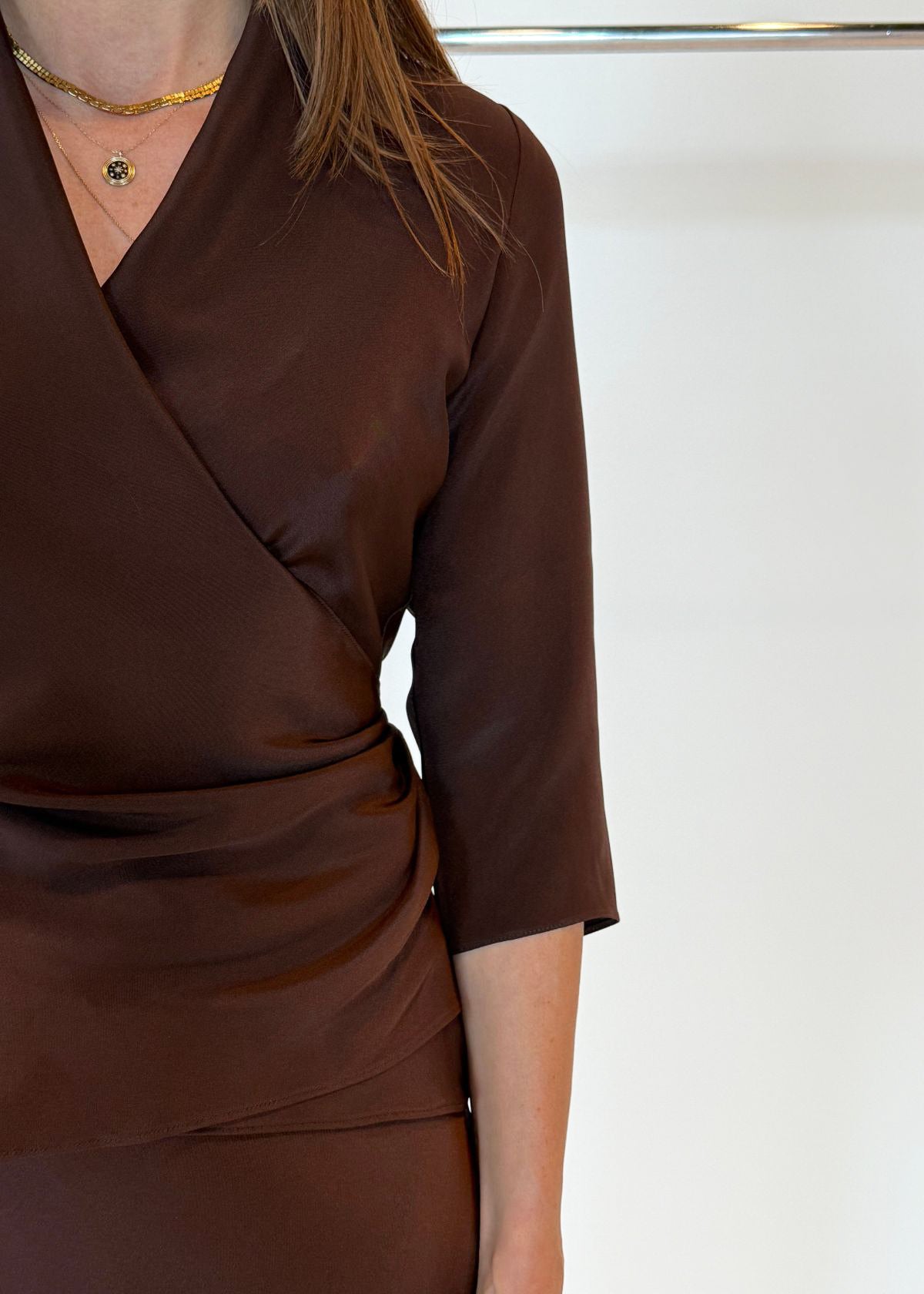 PETER COHEN 3/4 Sleeve Wrap Top - Mahogany