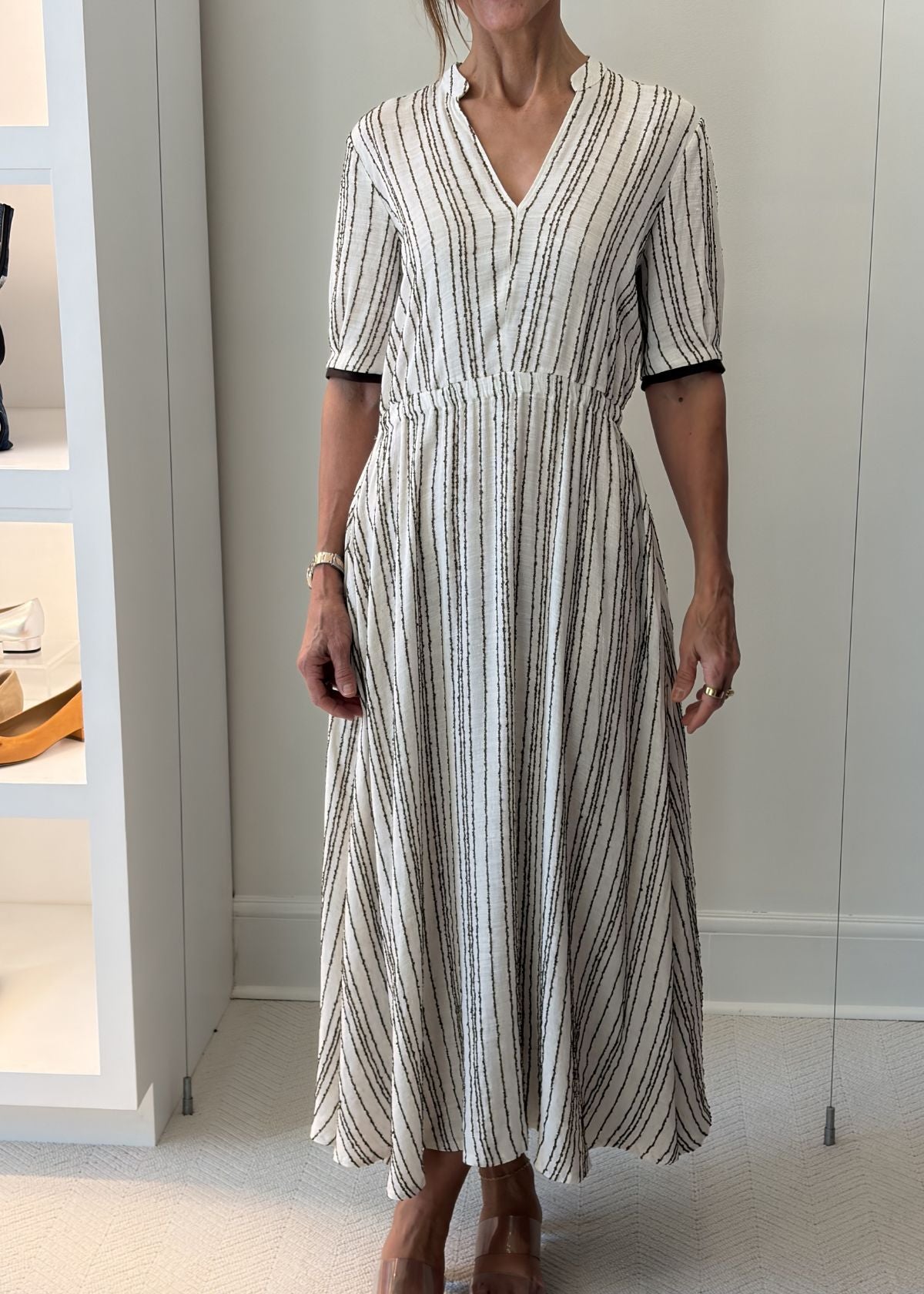 PUROTATTO Pinstriped Flared Dress - Ivory and Brown