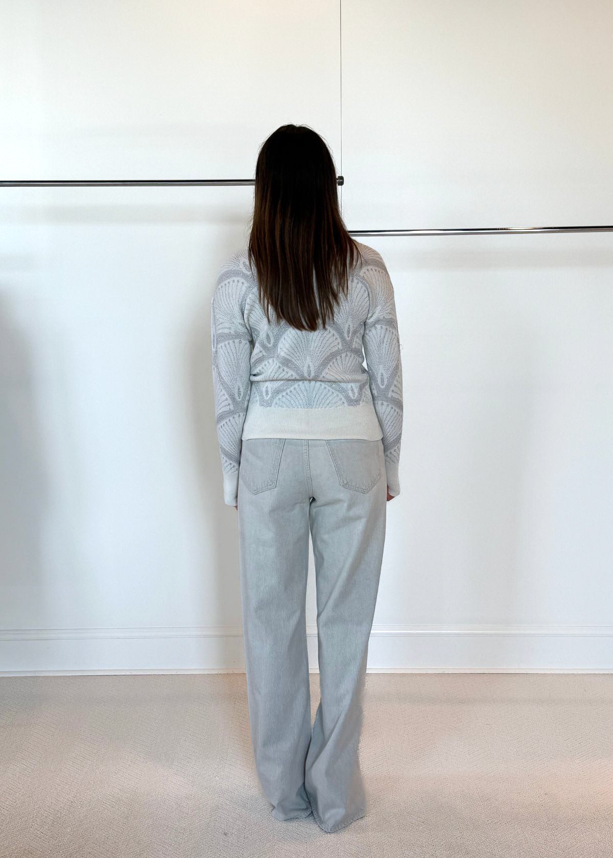 PUROTATTO Round Neck Jacquard Sweater - Ivory with Silver