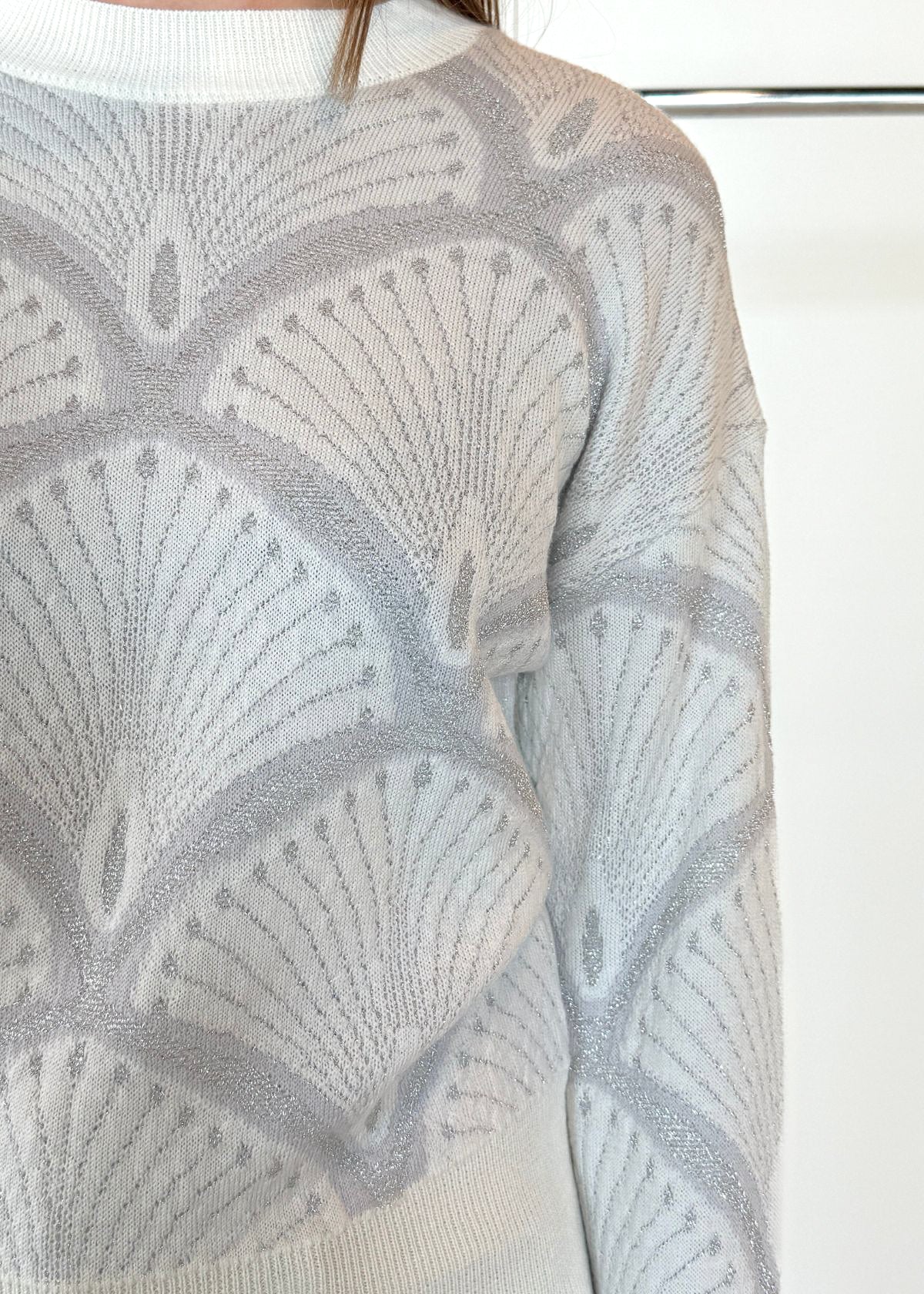 PUROTATTO Round Neck Jacquard Sweater - Ivory with Silver